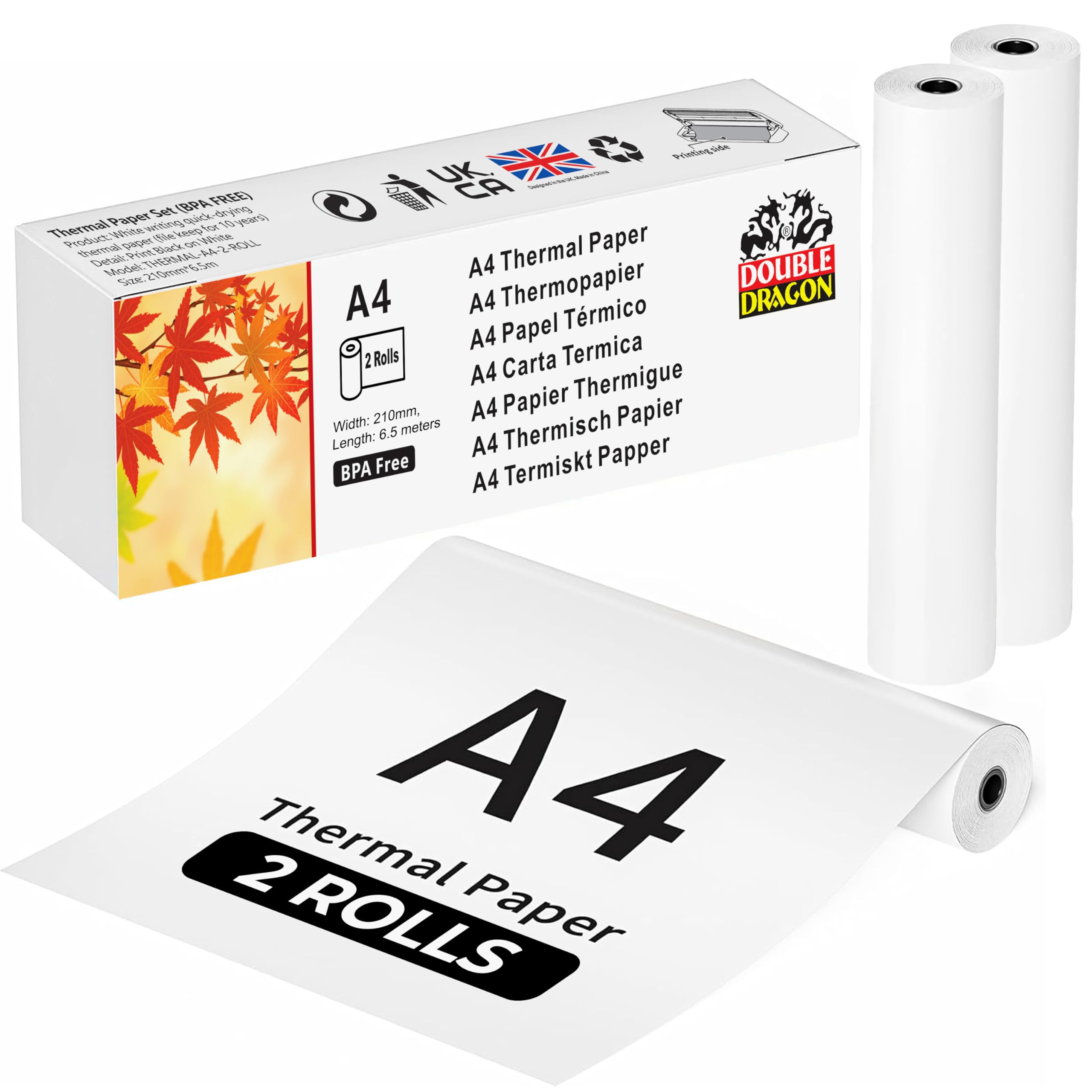 Double Dragon Thermal Printer Paper – 2 Rolls (210mm x 6.5m) | Compatible with Phomemo M832/M833/M834, Munbyn ITP01/ITP04/A40, Peripage, Brother, Vretti & Other Thermal Printers