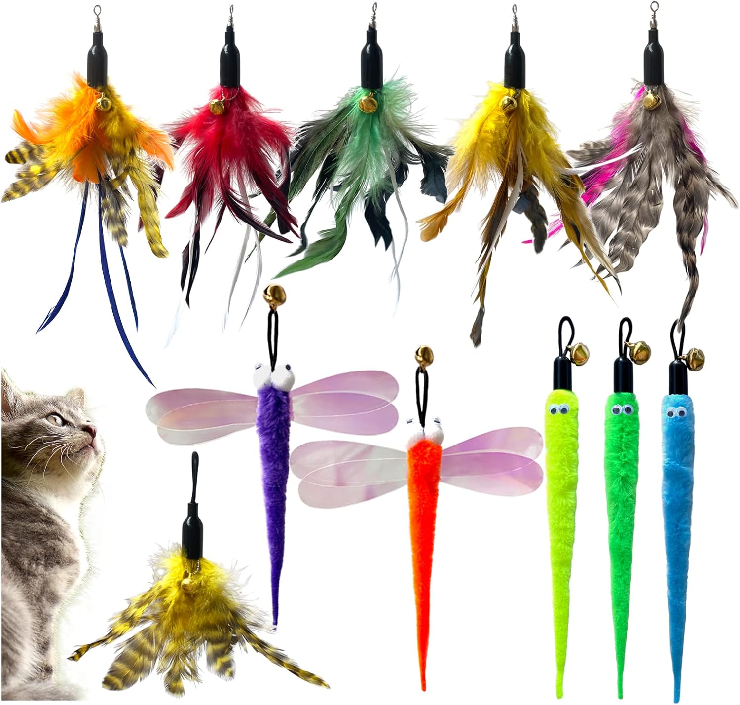 Cat Fishing Pole Attachments Wand Refills – Dragonfly Worm Refill for Indoor Cat Toy (11 Pcs)