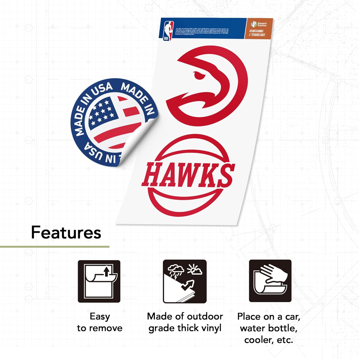 Desert Cactus Atlanta Hawks Sticker NBA Officially Licensed Vinyl Decal Laptop Water Bottle Car Scrapbook (4 Inch)
