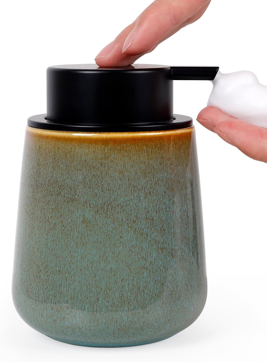 INGOFIN Ceramic Foaming Soap Dispenser -12oz Foam Hand Soap Dispenser Bathroom, Modern Refillable Dish Wash Soap Bottle for Kitchen with Large Pump -Kiln-Glazed Green Kiln-glazed Green-foam Hand Pump