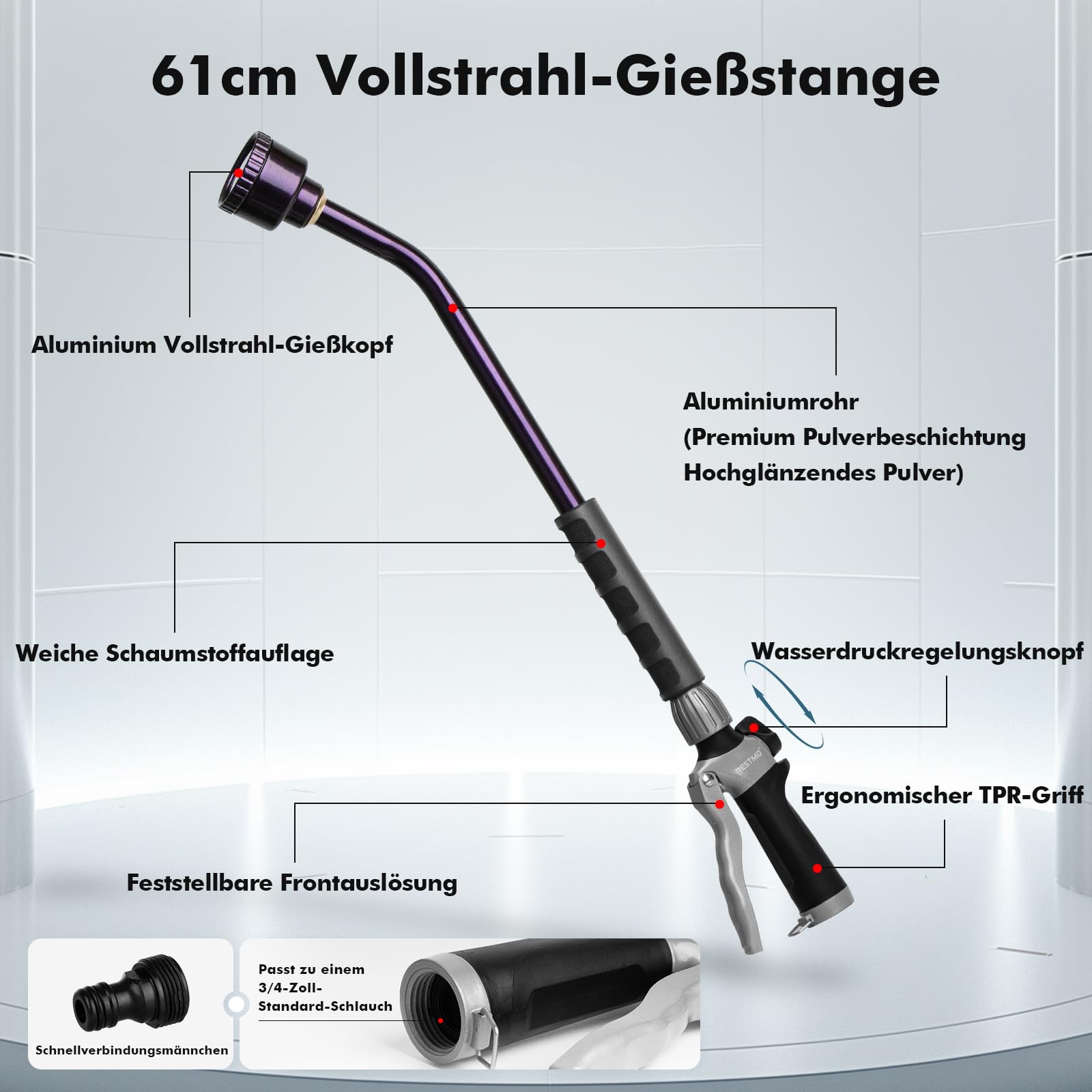 RESTMO Langer Gießstab, 61cm langer Gartenbrause mit voller, sanfter Dusche und Durchflusskontrolle, strapazierfähiger Metallschlauch für hängende Körbe, Sträucher, Pflanzen, Blumen und Rasen, Violett