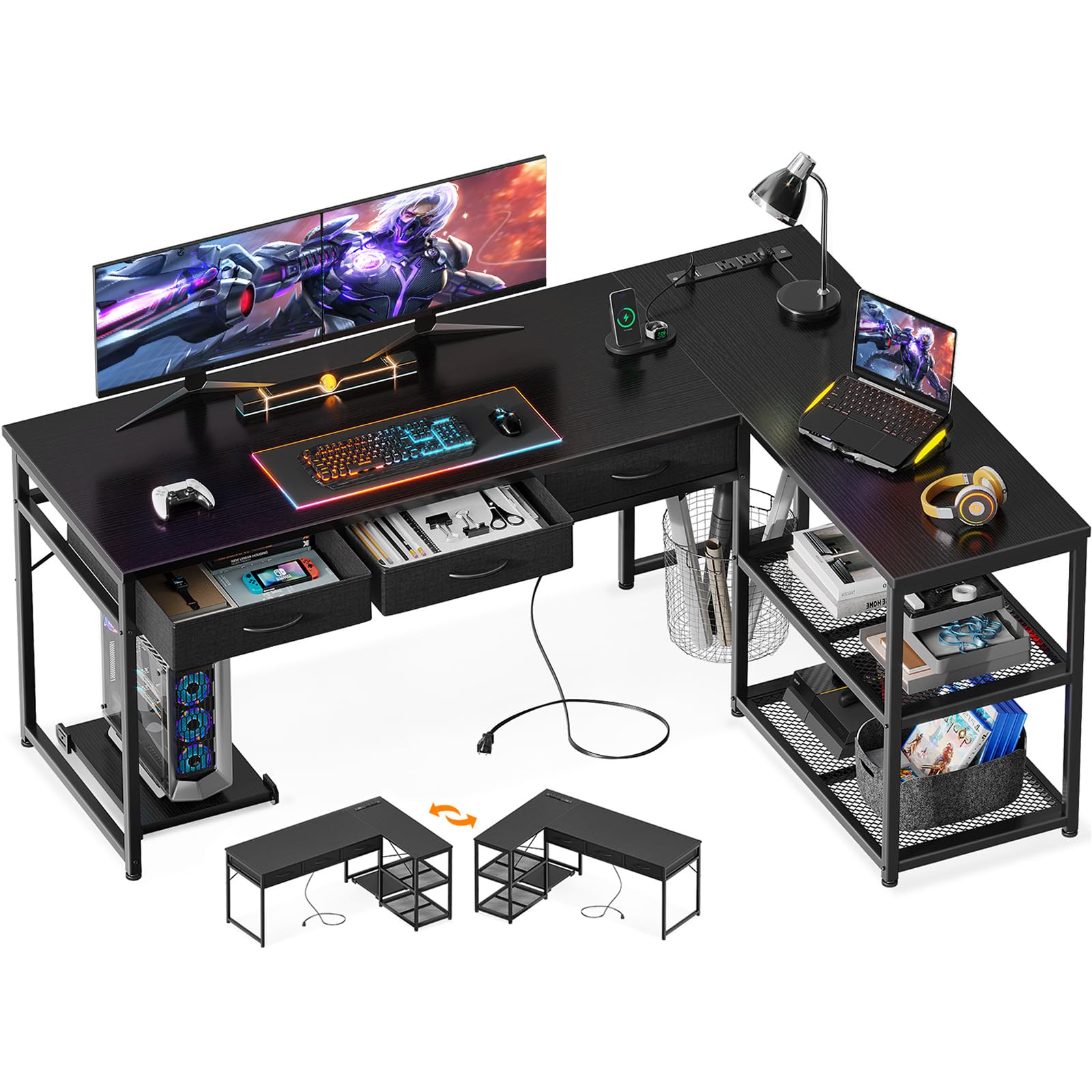 61 Inch L Shaped Computer Desk with Fabric Drawers, Corner Desk with Power Outlets & Movable CPU Stand, Reversible Storage Shelves for Home Office, Gaming Desk, Black