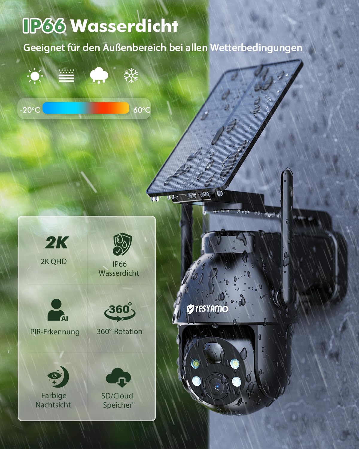 YESYAMO 2K Überwachungskamera Aussen Akku, 355°/90° Pan Tilt WLAN Kamera mit Farbnachtsicht, solar Kamera Überwachung außen, PIR Bewegungsmelder, IP66, Cloud/SD Storage, 2-Wege-Audio, 2,4 GHz WLAN