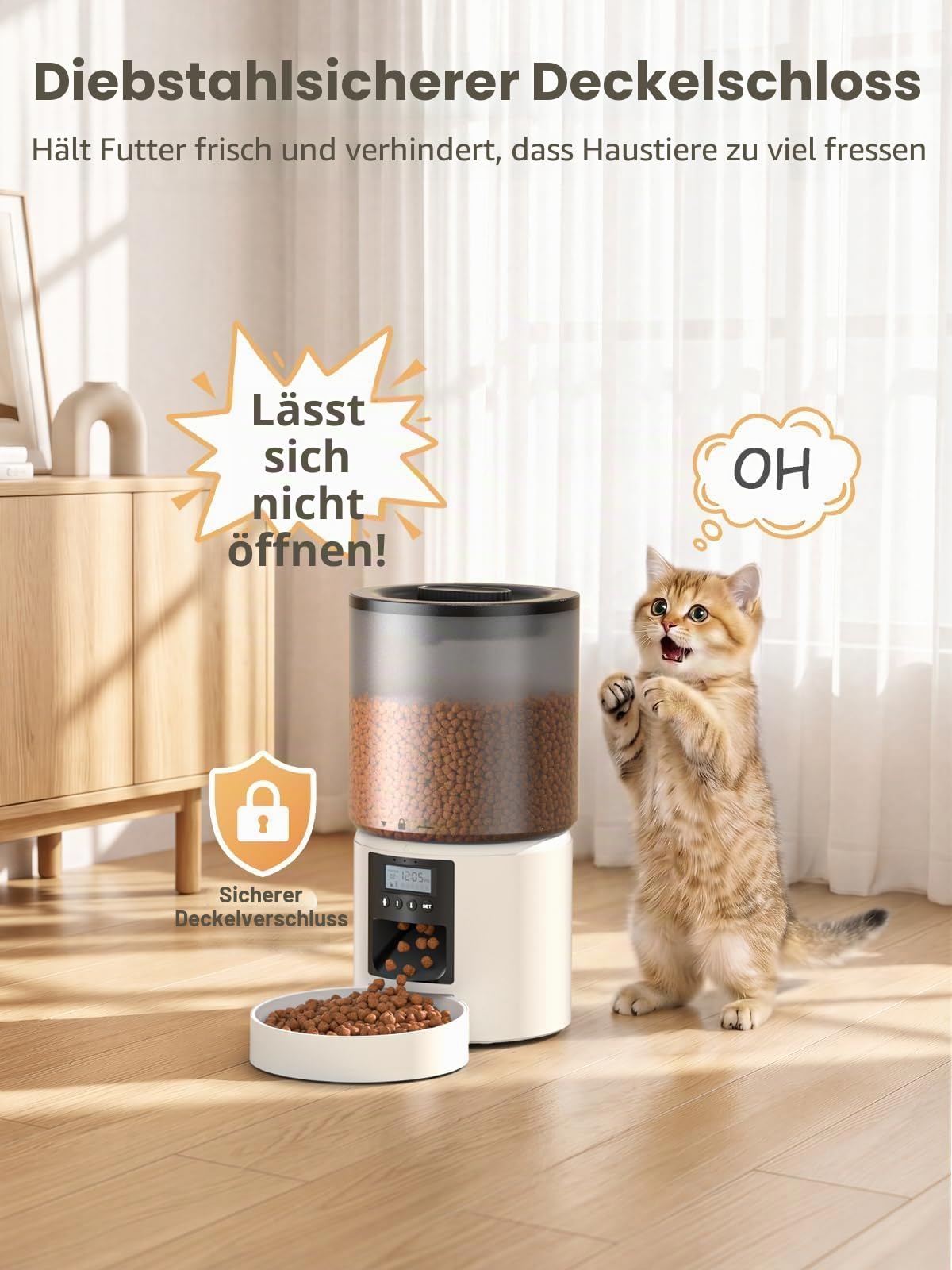 Futterautomat Katze 4L mit Timer, Katzenfutter Automat programmierbar 1–6 Fütterungen Portionskontrolle, Futterspender Katze mit 10s Sprachaufnahme Dual-Strom für kleine & mittlere Haustiere