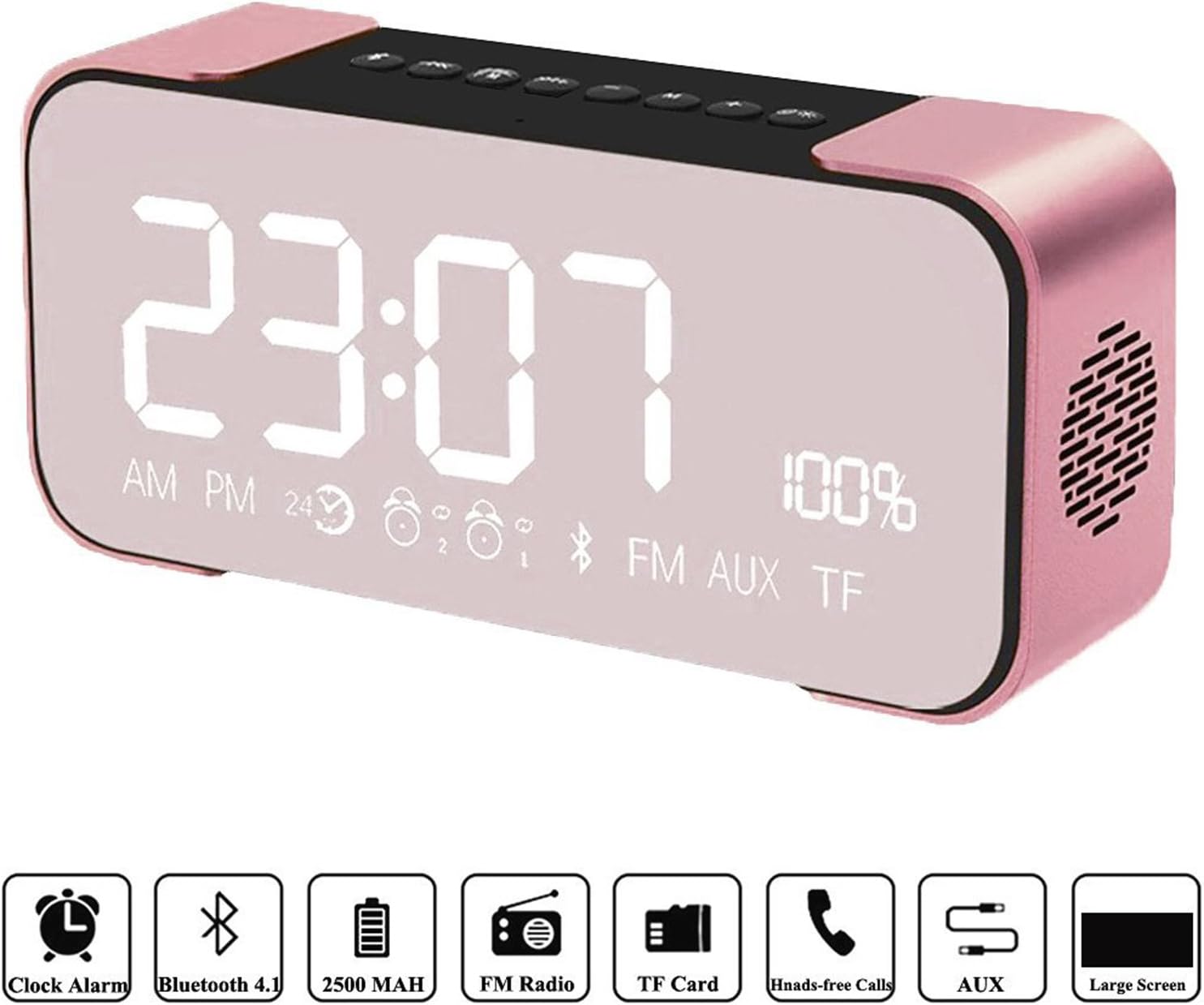 Euhubb Bluetooth Speakers, Hi-Fi Portable Wireless Stereo Speaker with Alarm Clock,Build-in Mic,FM Radio,LED Light,Hands-free,Two Subwoofer Enhanced Bass Surround Sound for iPhone Samsung Mac Computer (Rose Gold)