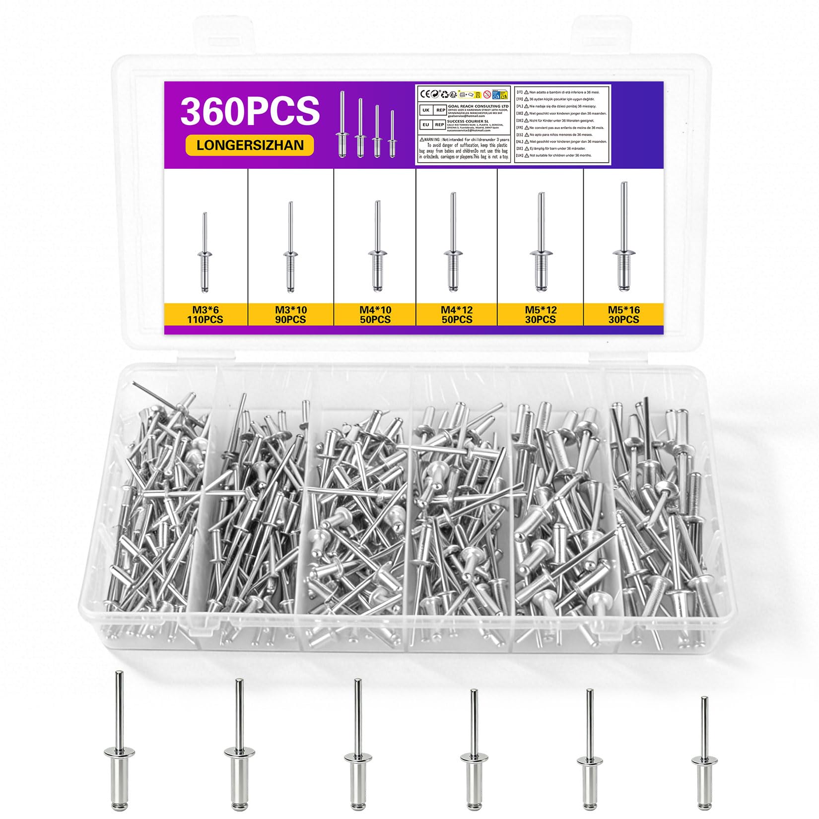 LONGERSIZHAN 360Stück Blindnieten Set M3-M5, Alu Nieten, für Maschinen | Popnieten aus Aluminium. Größen M3, M4, M5. Ideal für Nietenmaschinen und Reparaturen.