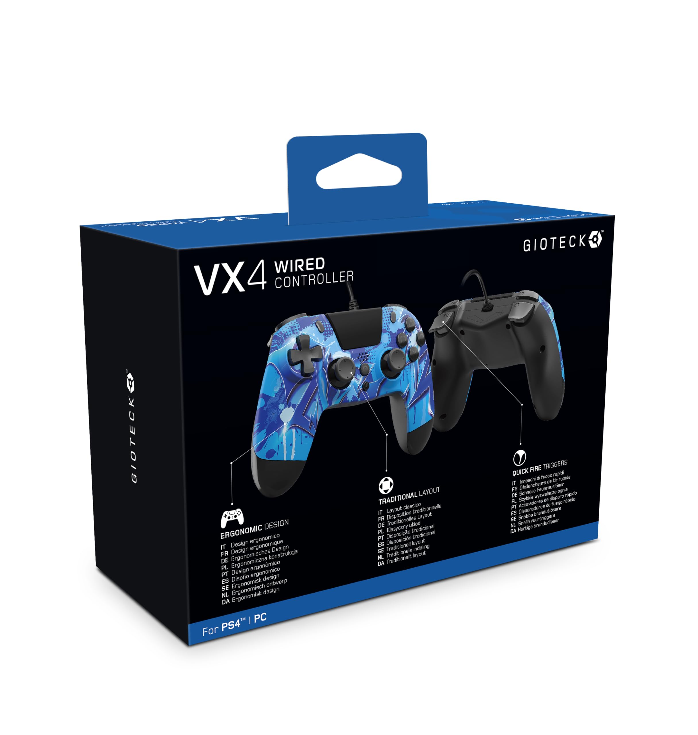 Gioteck - VX4 Manette Bleue filaire pour PS4 et PC. Contrôleur, Gamepad, Joystick Support de mouvement et de vibration. Design ergonomique. Blue Lightning