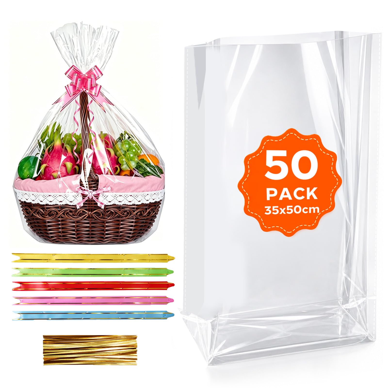 RITOLLO 50 Pack Large Cellophane Bags 35 x 50 cm, Extra Thick 3 MIL, with Pull Bows & Twist Ties, Clear Hamper Basket Gift Bags, Food Safe OPP Wrapping Bags for Presents & Packaging