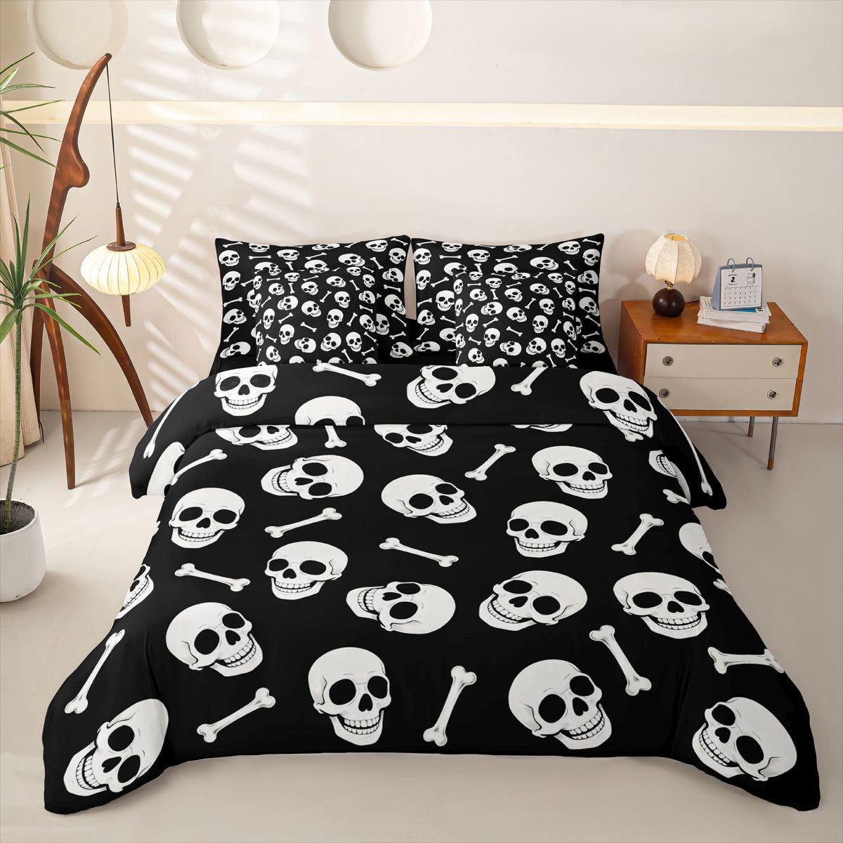 Loussiesd Biało-czarna poszewka na kołdrę super king size 7 sztuk zestaw pościeli z czaszką dla dzieci chłopców dziewcząt Halloween czaszka łóżko w torbie z poszewką na kołdrę, prześcieradła, poszewki
