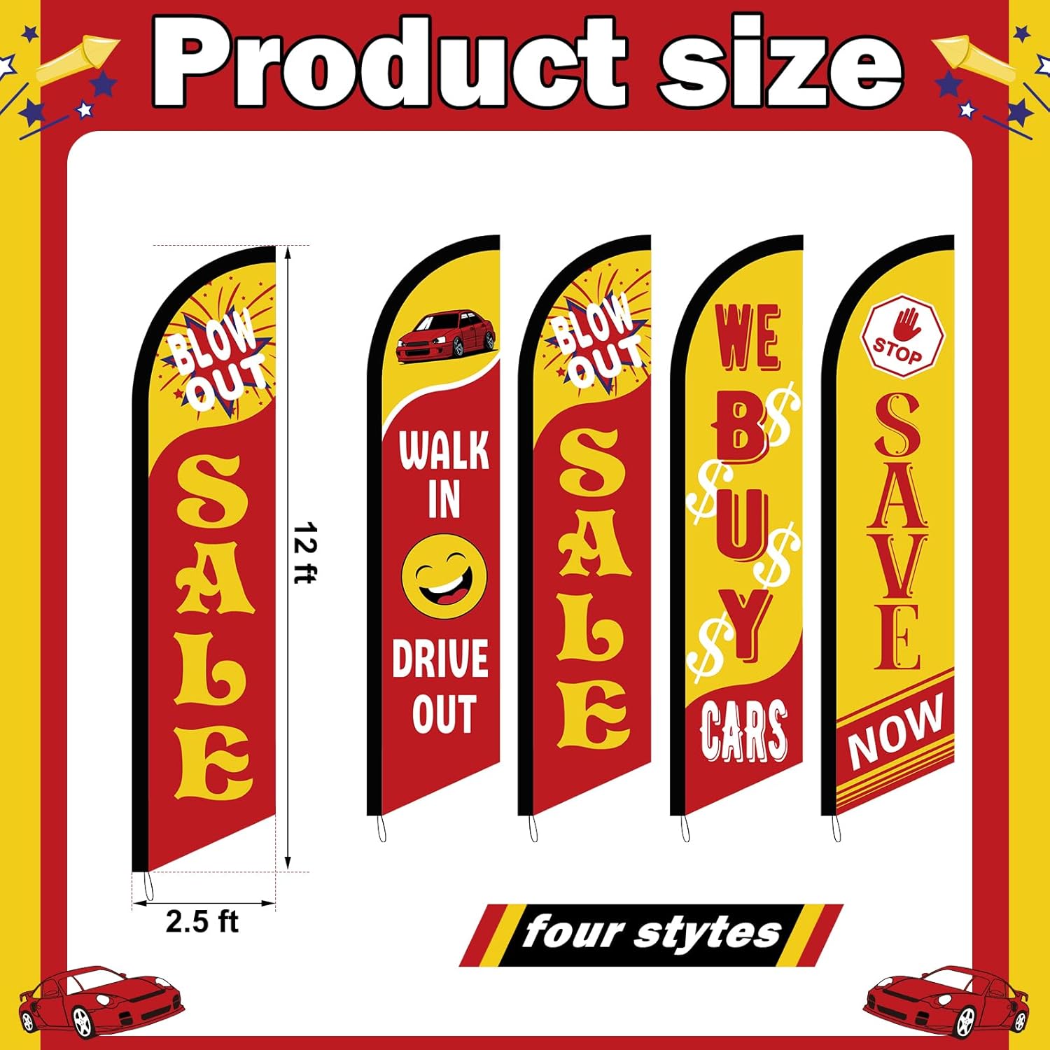 4 Pack Used Cars Flag Windless Swooper Flag 2.5 x 12 ft Auto Dealer Sale Advertising Supplies, Walk in Drive Out, Blow out Sale, Stop Save Now, We Buy Cars - Image 2