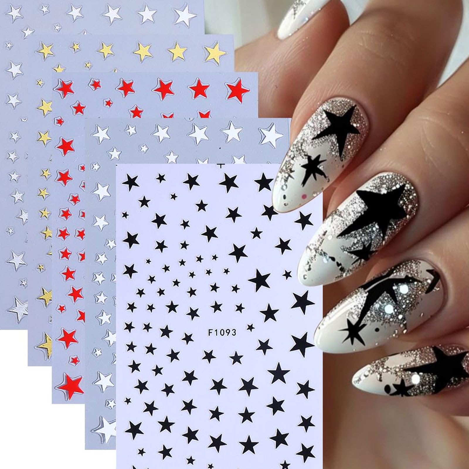 Star Nail Stickers - 4th of July Nail Art Stickers for Women, Stars & Stripes Patriotic Nail Decals in Red, Blue, White, Gold & Silver | Star Nail