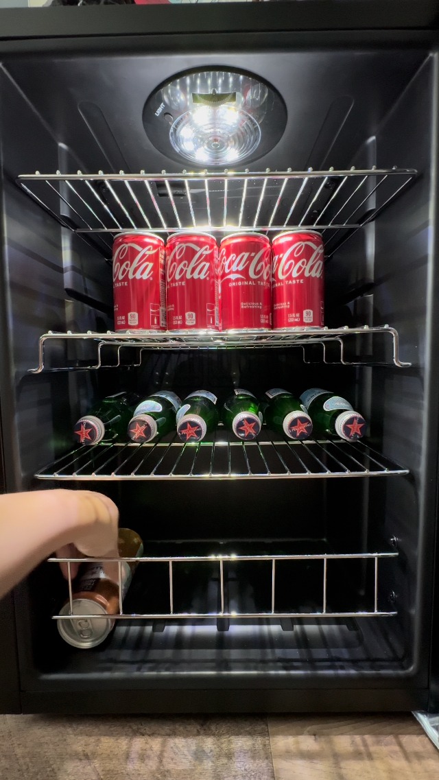 Image of NewAir 90 Can Beverage Refrigerator | 17 inch Freestanding Small Mini Fridge for Bedroom, Home Bar or Office | Quiet Compressor Cooling & Adjustable Shelves | Stainless Steel