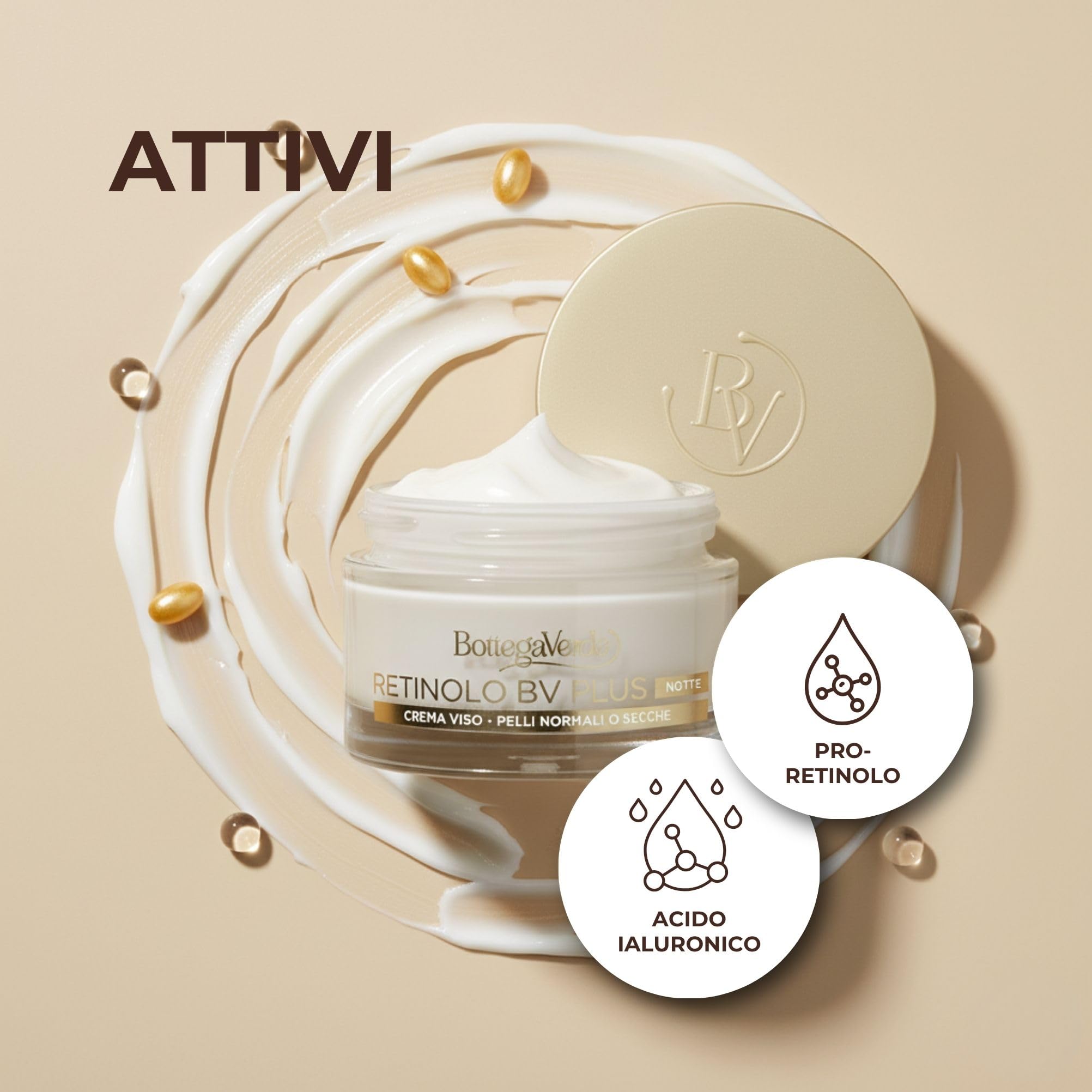 Bottega Verde - Retinolo BV Plus, Crema Viso Notte Antirughe e Antietà, 50 ml, con Pro-Retinolo e Acido Ialuronico, Azione Elasticizzante, Pelli Normali o Secche