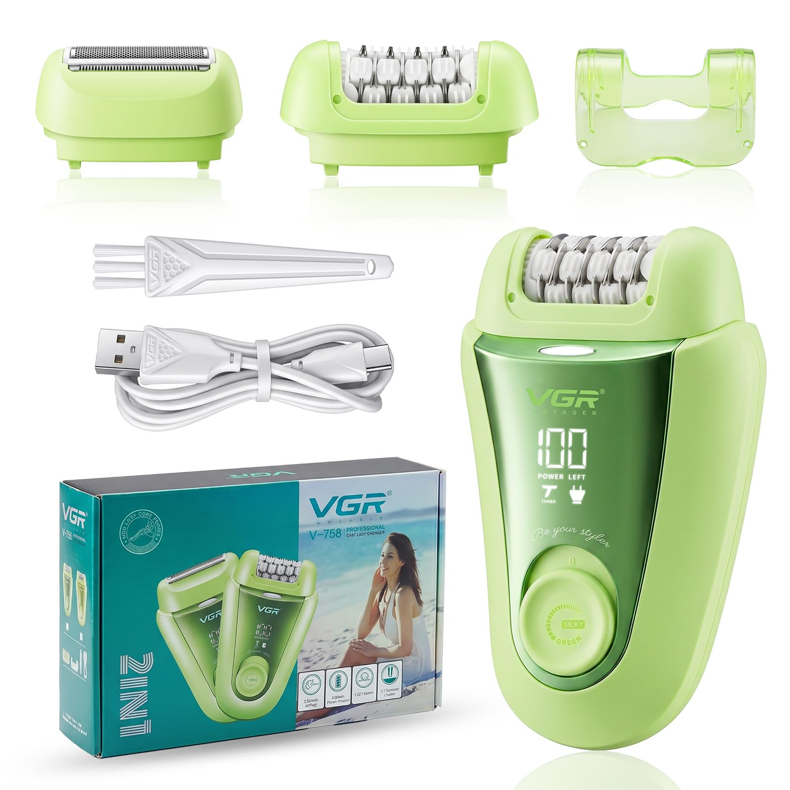 VGR 758 Epilatore elettrico 2 in 1 da donna, 32 pinzette, IPX7, Verde