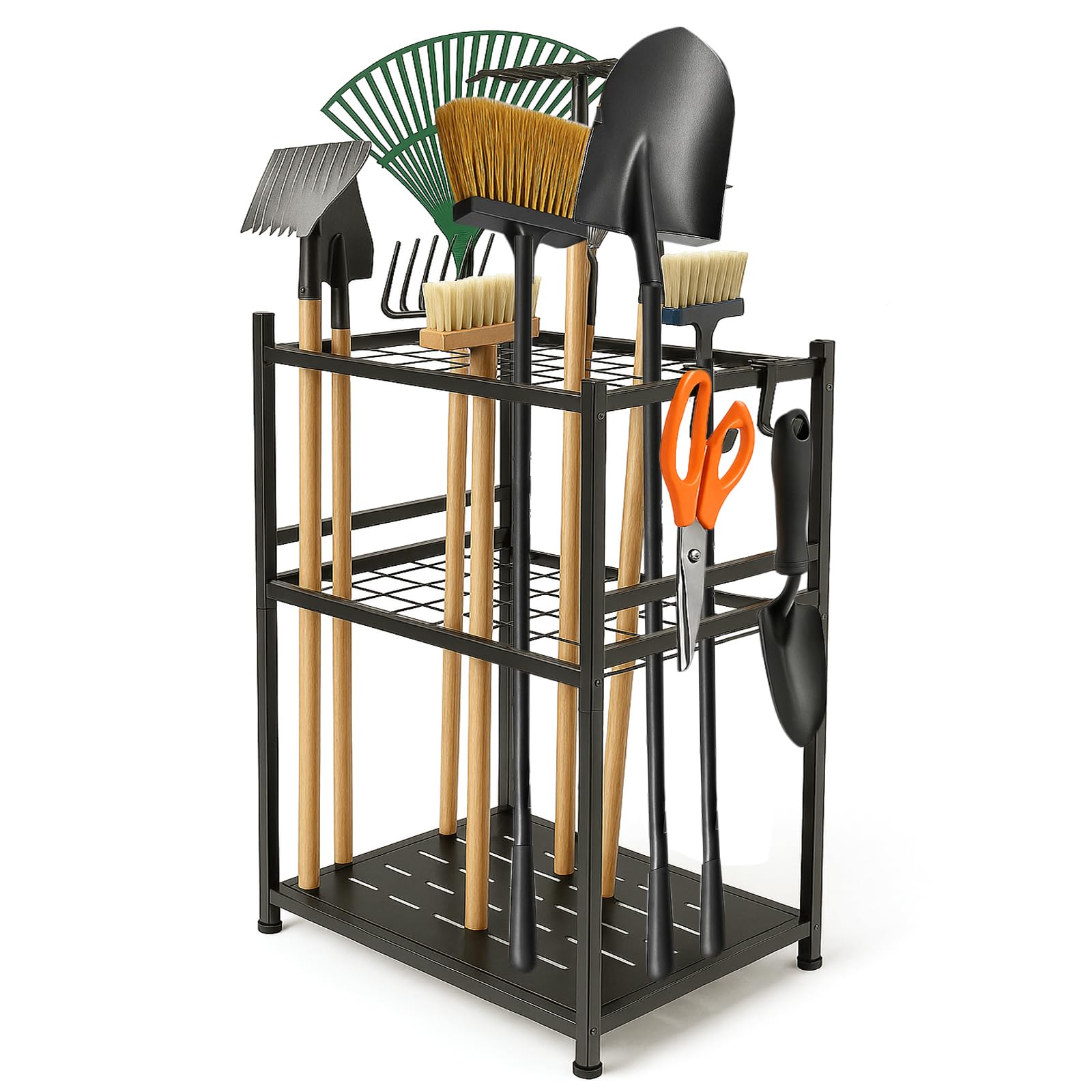Gartenwerkzeug-Ständer aus Metall – Platz für 35 Werkzeuge, Höhenverstellbar & Kompakt | Ordnungssystem für Garage, Schuppen & Garten | Mit Haken für Rechen, Besen & mehr | Robuster Schwarzer Werkzeu