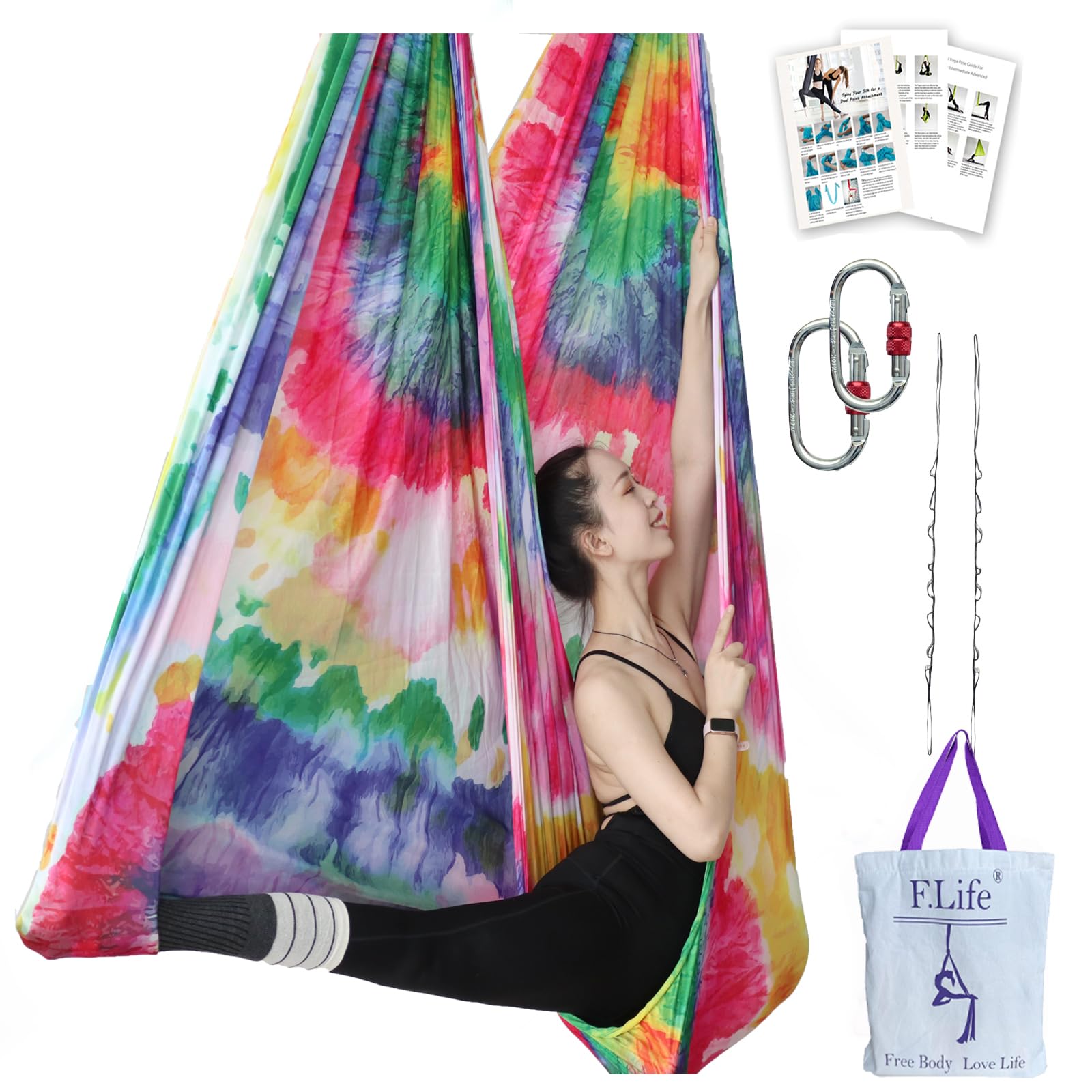 F.Life Aerial Yoga Hammock kit- Yoga Swing Multicolor 5 yards-Flying Yoga Include Daisy Chain,Carabiner and Pose Guide (Tie Dye Spiral Pattern)