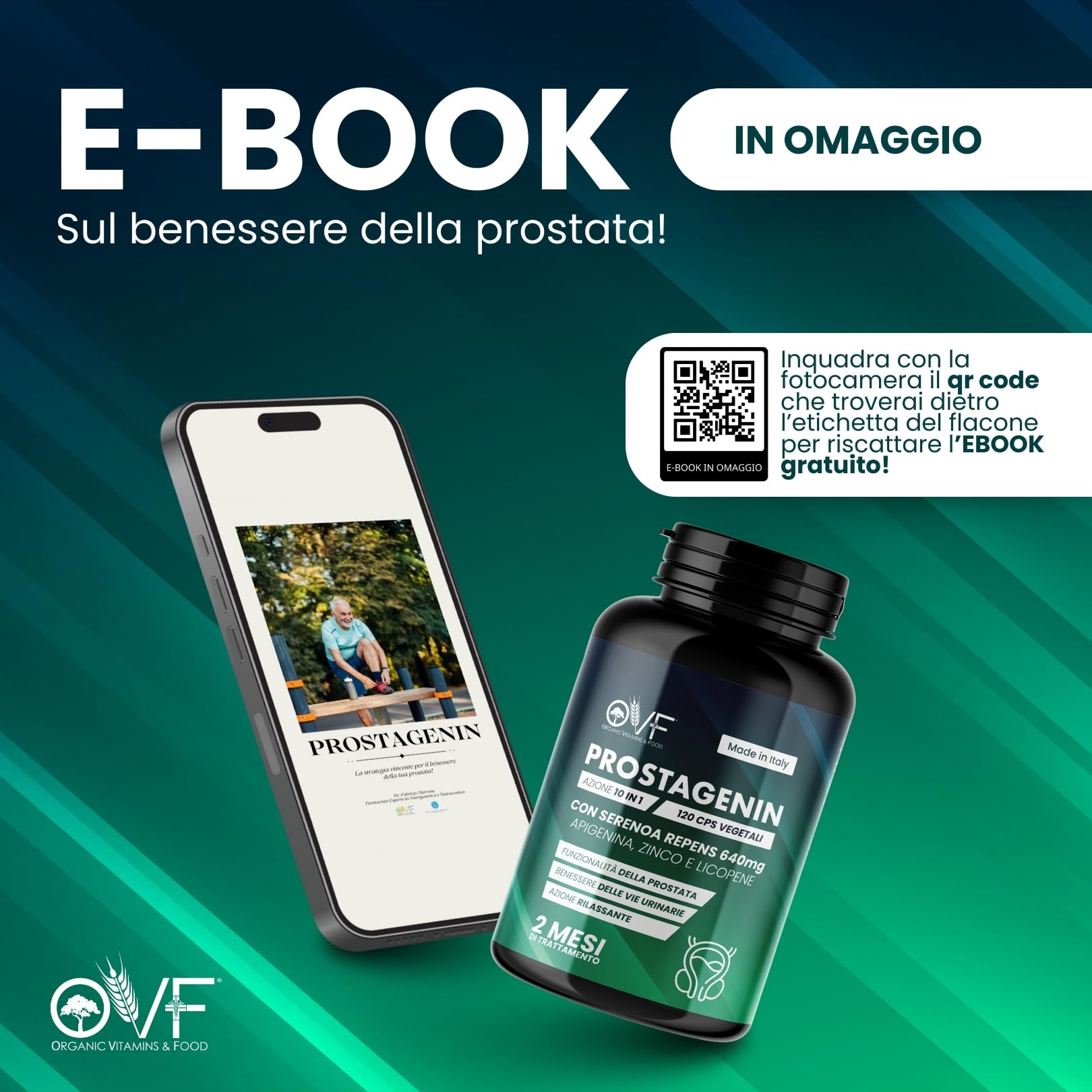OVF Prostagenin - Serenoa Repens 640mg | 120 Capsule | Formula 4 in 1 con Apigenina, Zinco e Licopene | Supporto per la Funzionalità della Prostata e il Benessere delle Vie Urinarie