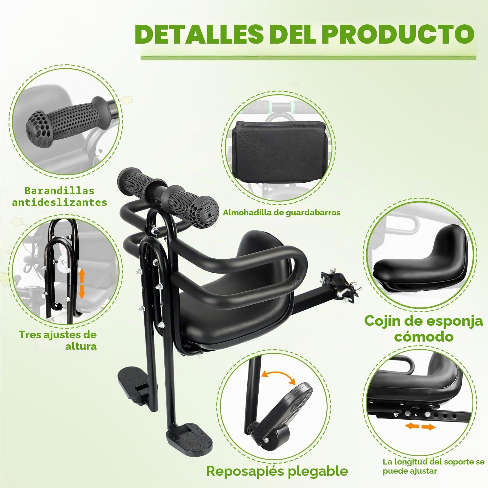 ZUKKA Asiento infantil de bicicleta para niños, asiento delantero soporta hasta 25 kg/55 libras, para niños, asiento delantero para bicicletas, sillín infantil con pedales, soporte para bicicleta de