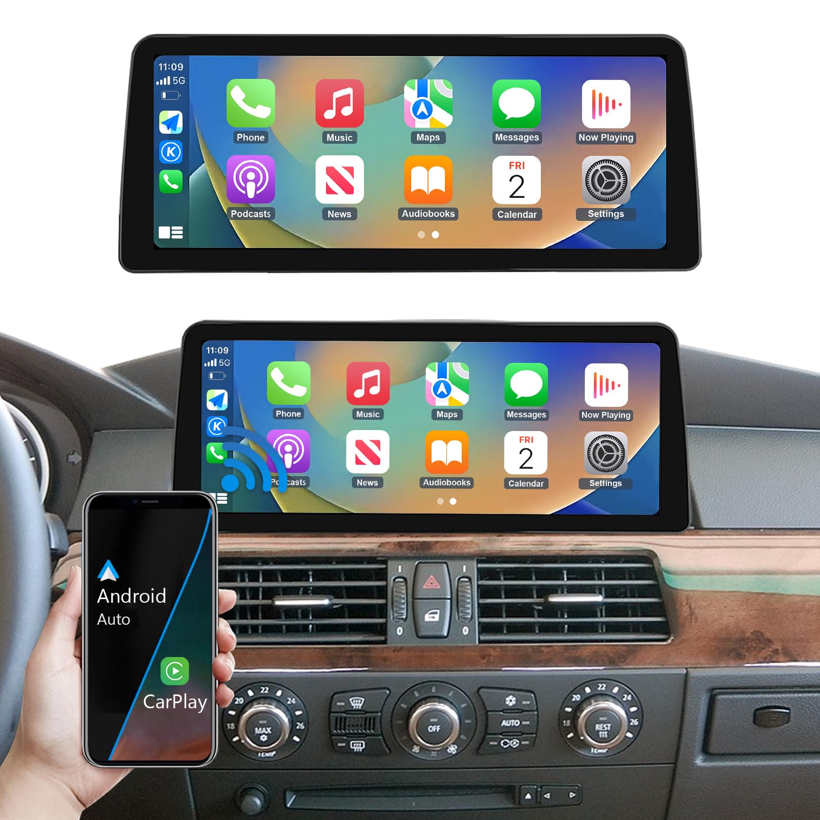 Road Top Autoradio CarPlay 12,3" per BMW Serie 5 E60 E61 con CCC 2003-2008 | Schermo Touchscreen ultrasottile Linux HD IPS, CarPlay senza fili, Android Auto, MirrorLink, Navigazione, Autoradio Bluetooth
