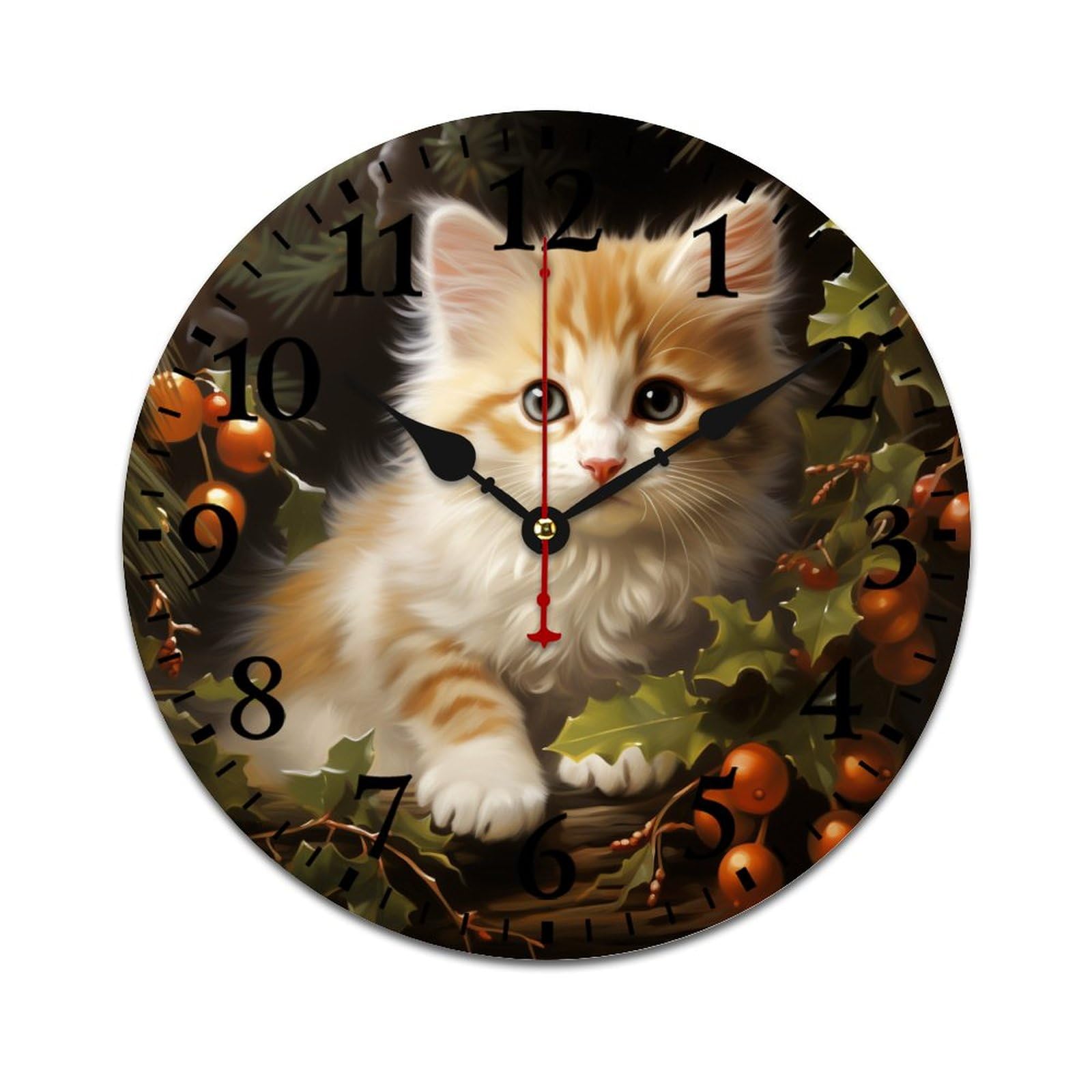 HighonHi Wooden Wall Clock Kitten with Holiday Round Home Decor Clock Battery Operated Crazy Cat Lady Cat Gifts Wooden Wall Clocks 12 Inch Kitchen Dining Room Christmas Wooden Winter Clock