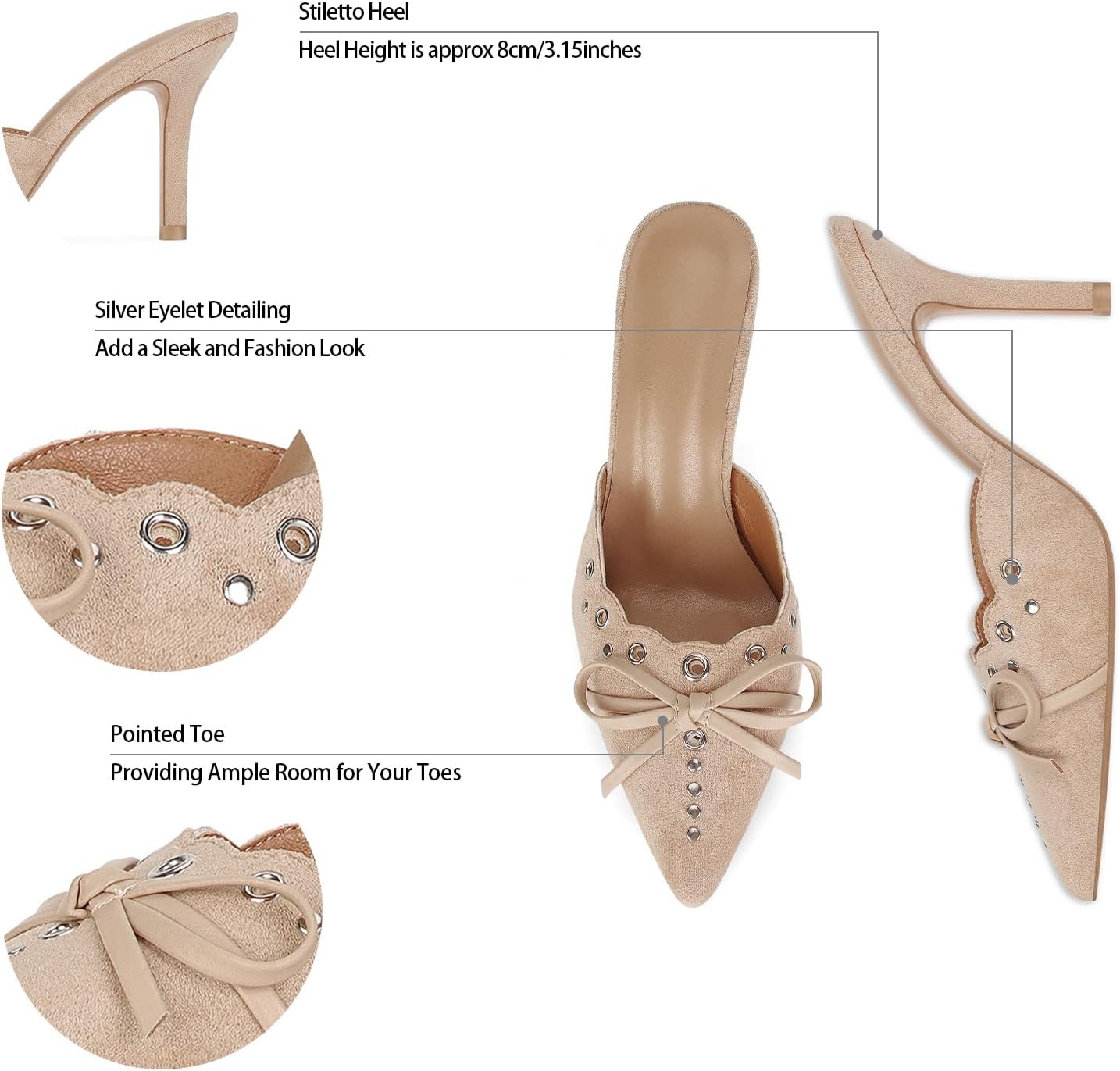 DOEYG Women Pointed Toe Bow Heels Mules Slip on Stiletto Heels Sandals Dress Party Wedding Studded Heels Pumps - Image 5