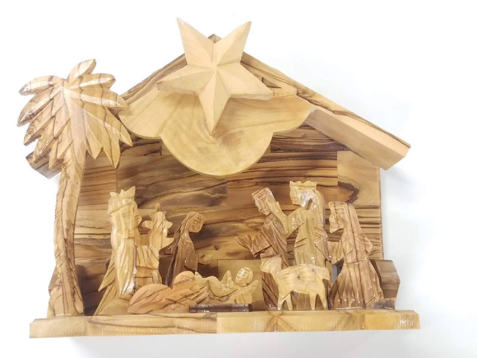 Handgeschnitztes Bethlehem Olivenholz Miniatur Krippe Set mit Stall 12 Stück (15,2 cm Musikstall)