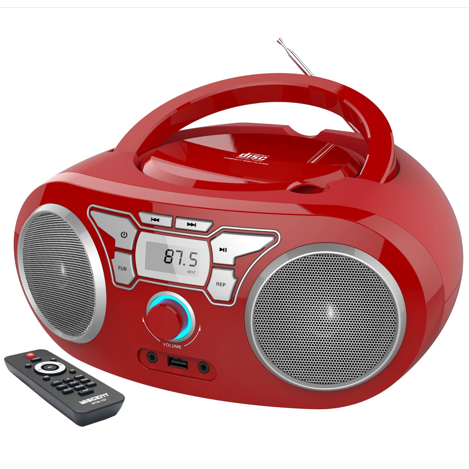 Portable CD Player Boombox with Bluetooth, FM Radio, USB Input, 3.5mm AUX and Headphone Jack, Clear Stereo Sound