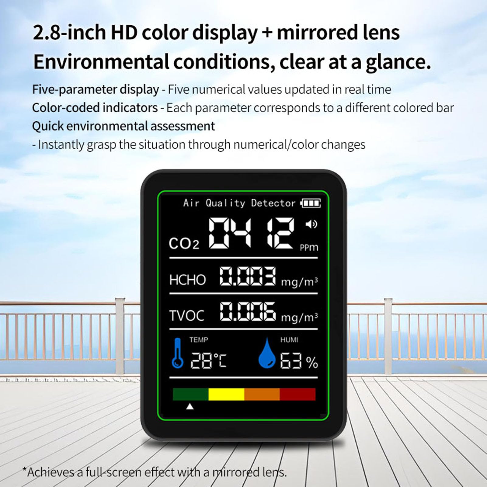 Luftqualitätsdetektor, 5-in-1-CO2-TVOC-HCHO-Temperatur-Feuchtigkeitsmonitor mit Echtzeiterkennung und Farbindikatoren, für die Prüfung der Luftqualität in Innenräumen Im Home