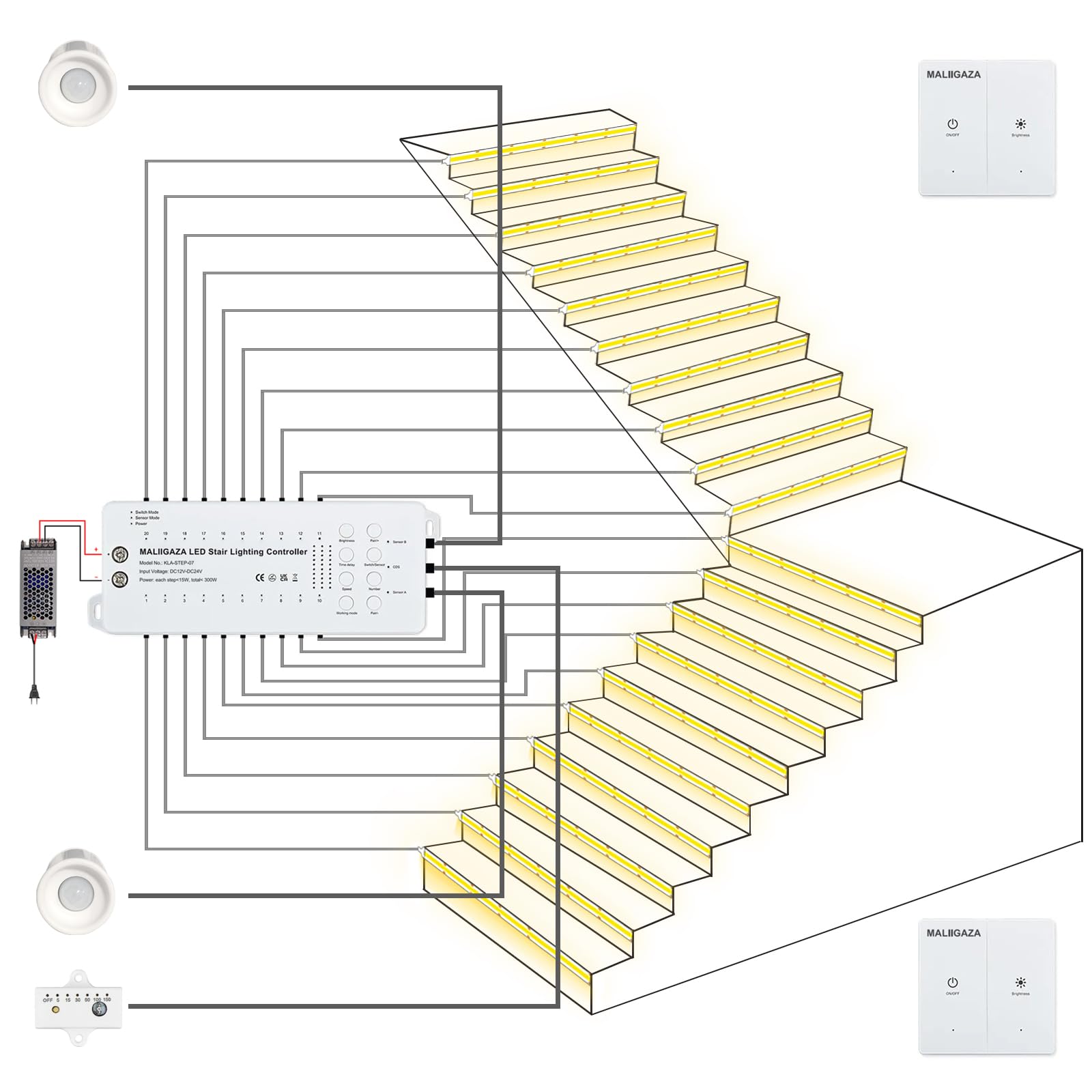Iluminación Escalera Inteligente 16 Escaleras, Detector de Movimiento PIR e Interruptores De Pared Inalámbricos, Kit LED COB 3000K, Iluminación LED Escalera Interior Segura