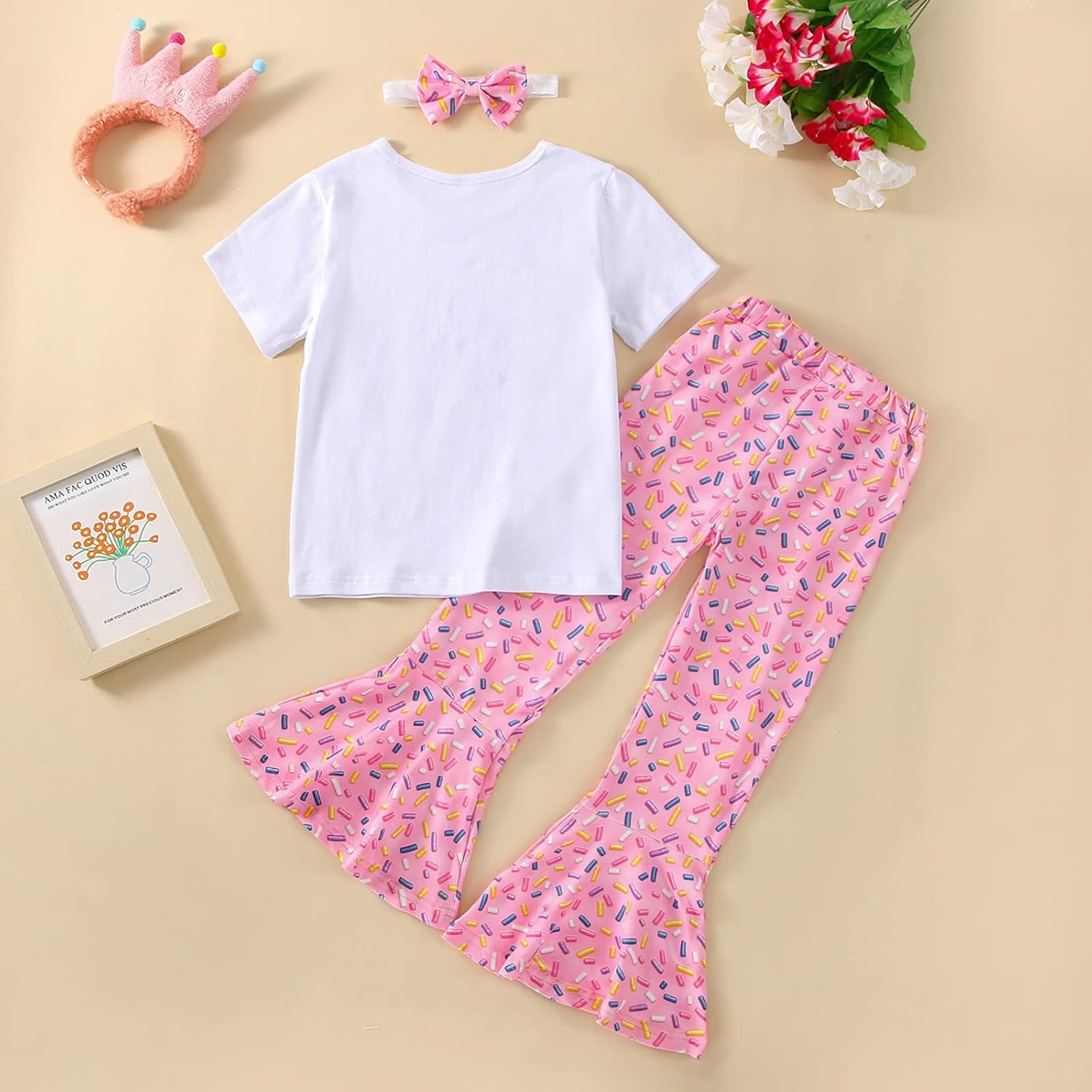 3Pcs Toddler Baby Girls Birthday Outfit 1-5T Sweet/Groovy Short Sleeve Shirts Bell Bottom Headband