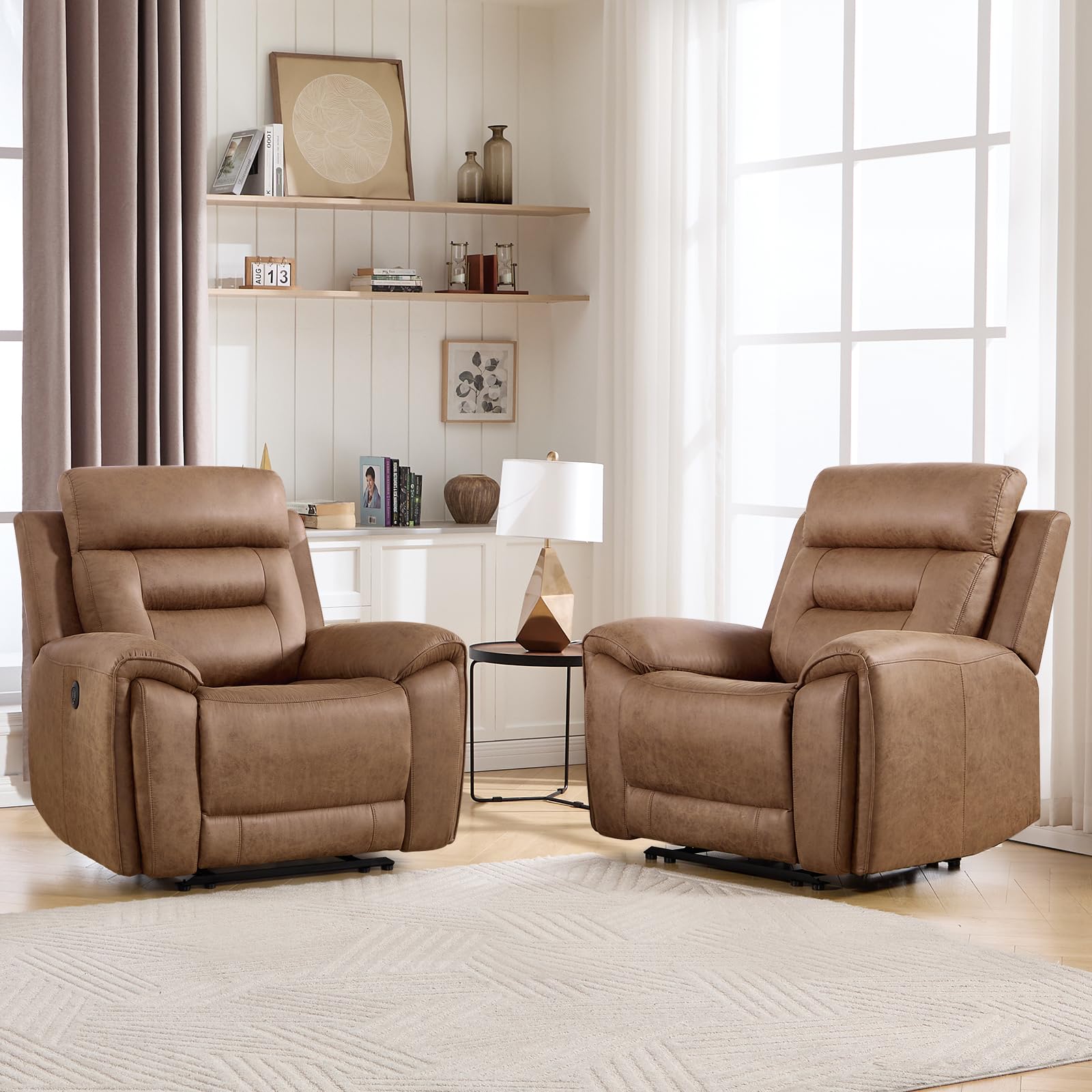 ANJ Power Recliner Chair Set of 2 with USB&amp;Type-C Ports, Breathable Faux Leather Oversized Electric Recliners, Single Overstuffed Heavy Duty Reclining Sofa Chairs for Living Room, Brown