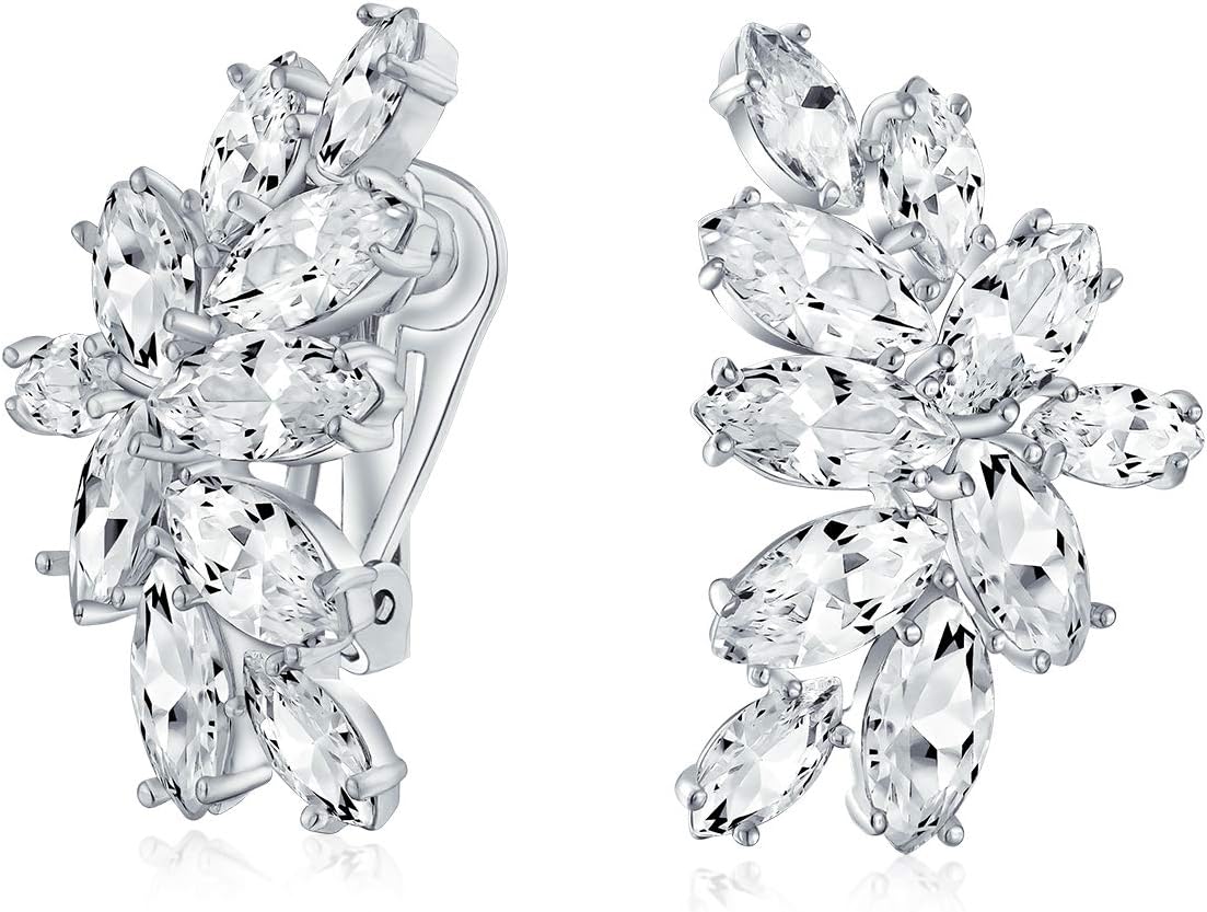 Elegant Classic Bridal Marquise Teardrop Ear Crawler Clusters Cubic Zirconia AAA CZ Leaf Clip On Earrings For Women Wedding Prom Formal Party Silver Plated