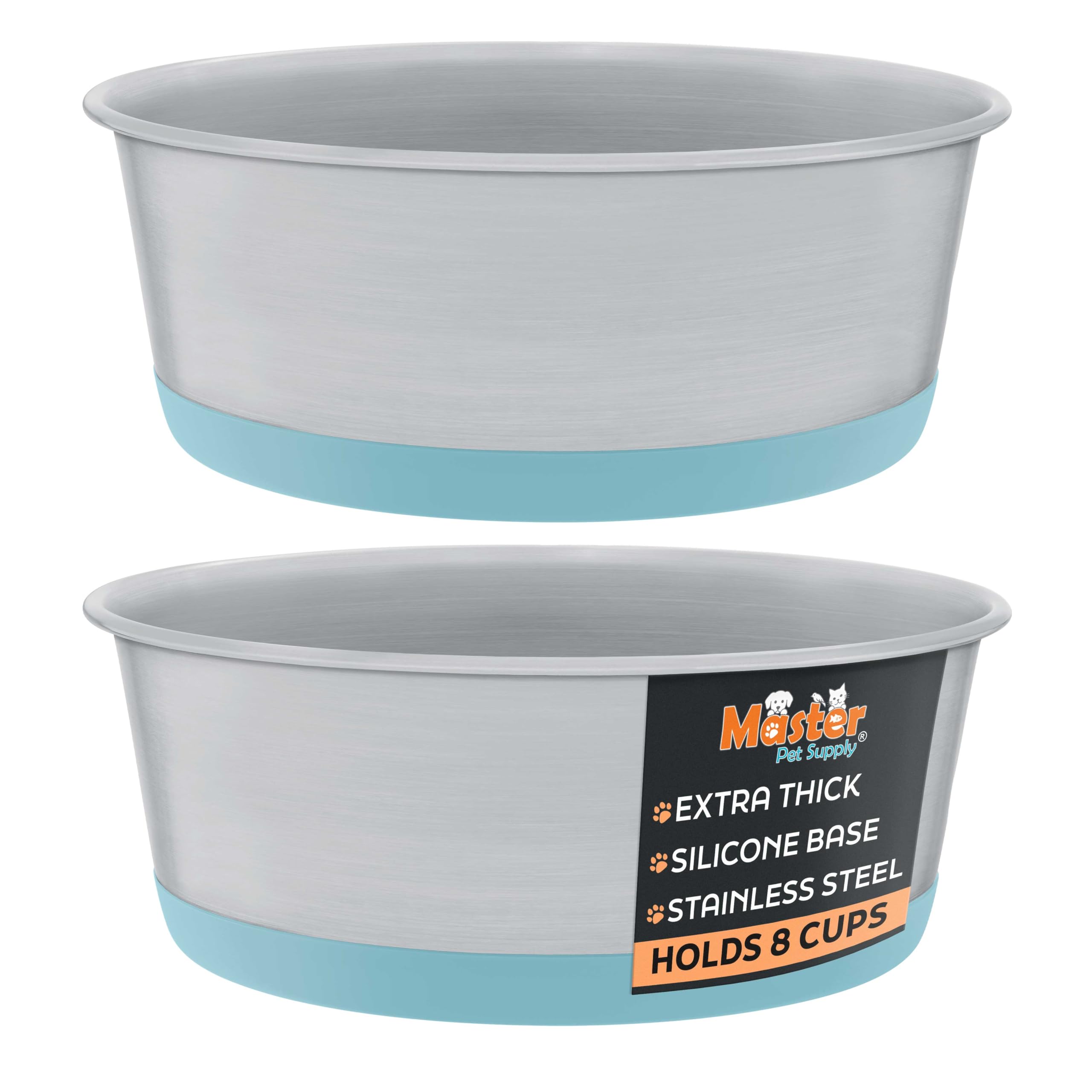 Master Pet Supply Stainless Steel Dog Bowls Set of 2 with Extra Thick Silicone Base - 8 Cup (64 oz) Aqua Sky, Non-Slip, Dishwasher Safe Metal Bowls, Pet Dog Food Bowl for Dogs, Cats, Anti Rust
