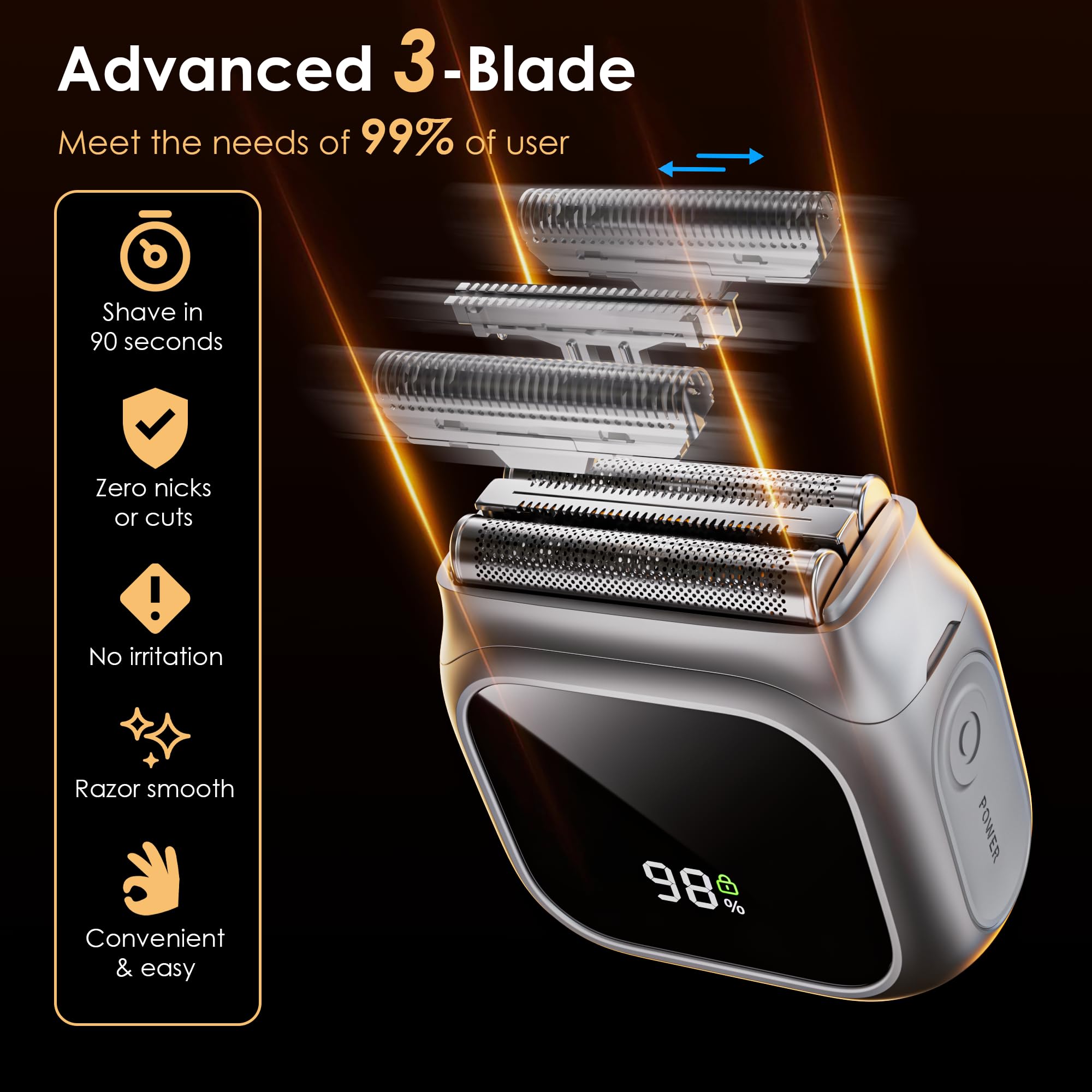 Rasoio elettrico da uomo, design innovativo a specchio, rasoio da uomo con motore da 20.000 giri/min, display a LED, 3 lame galleggianti, impermeabile IPX7, mini rasoi a lamina da uomo, perfetto per