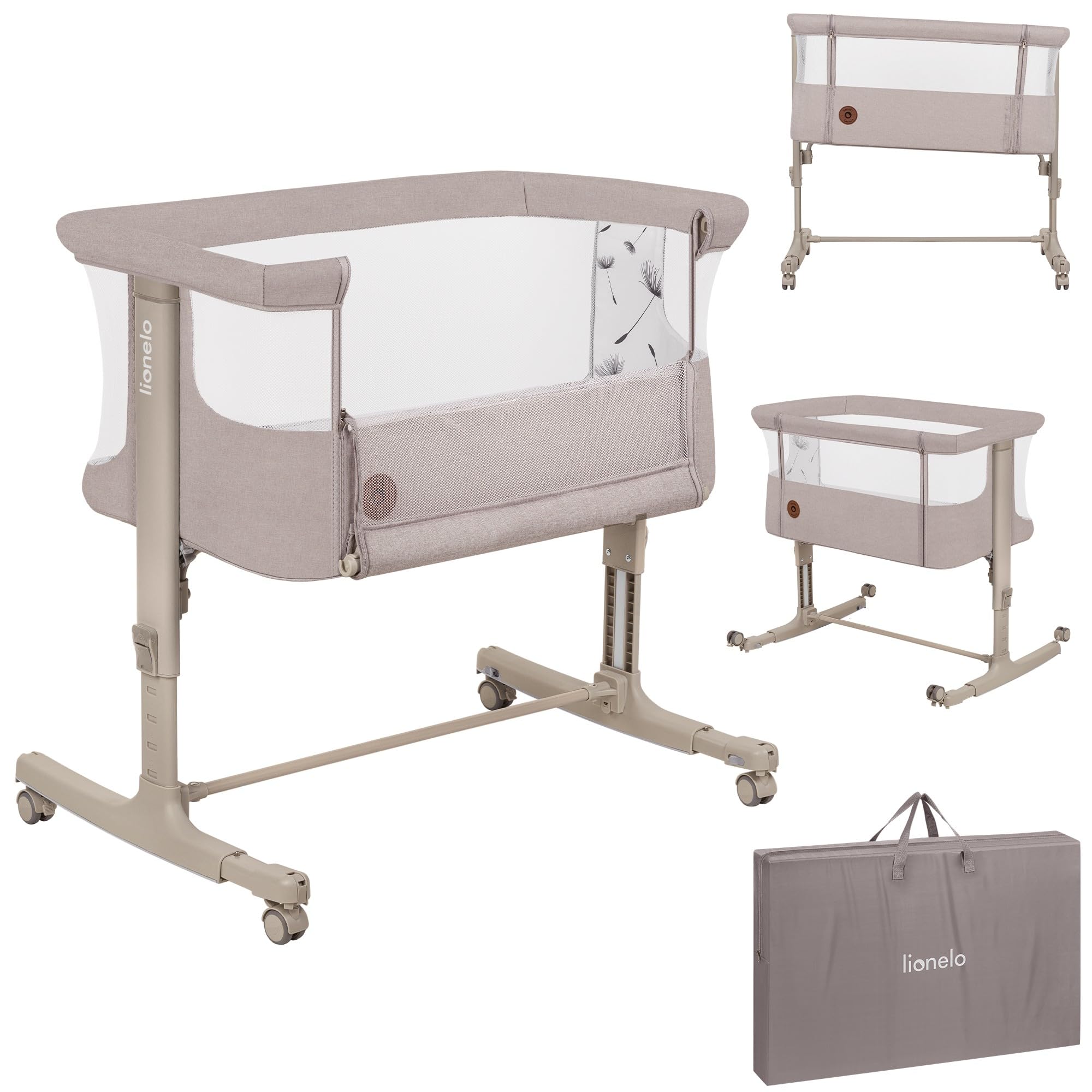 lionelo Aurora 3in1 Culla Co-sleeping e Lettino da viaggio per neonato bambini fino 9kg Regolabile in altezza e Inclinazione Parete aperta rete traspirata Materasso innovativo Zanzariera