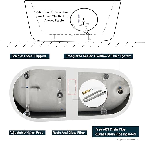 Miniatura 6 de FerdY Langkawi 02568T - Bañera independiente de acrílico de 59 pulgadas, color blanco, moderna, con certificación cUPC, drenaje de níquel cepillado