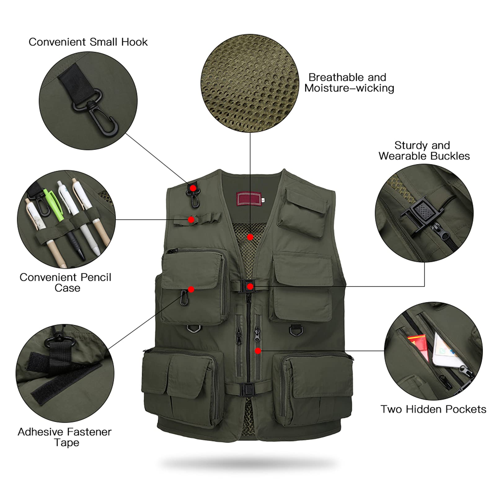 Chaleco de Pesca para Hombre Multi-Bolsillos Chaleco de Pesca Chaleco de Trabajo, para Fotografía Caza Camping Viajes Deportes,Verde,M