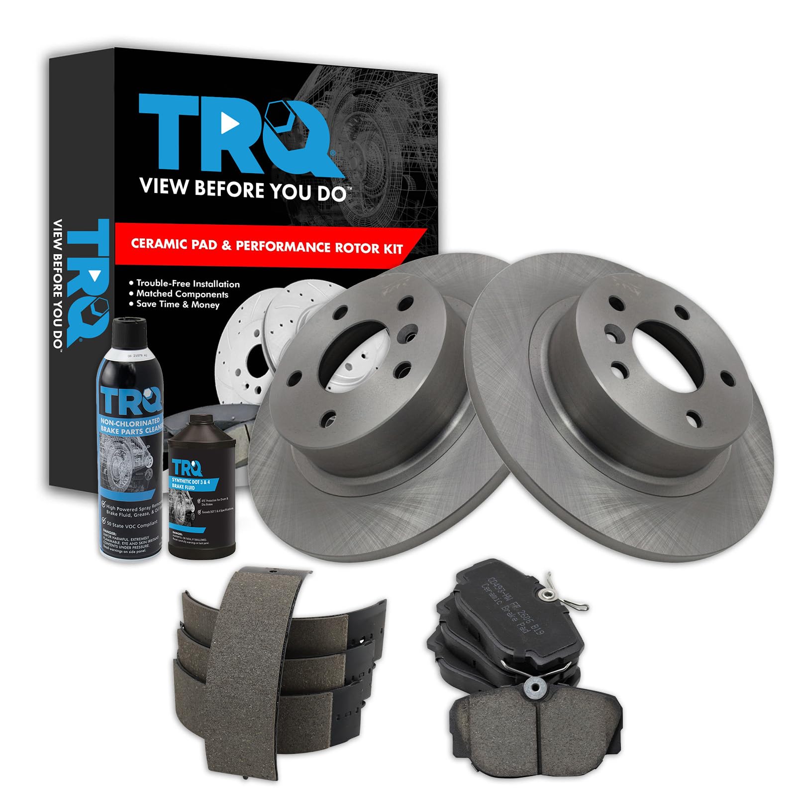 TRQ Rear Brake Pad &amp; Rotor Kit, with Chemical Kit Parking Brake Shoe Set Ceramic Compatible with 1999-2004 Land Rover Discovery 1995-2002 Range Rover