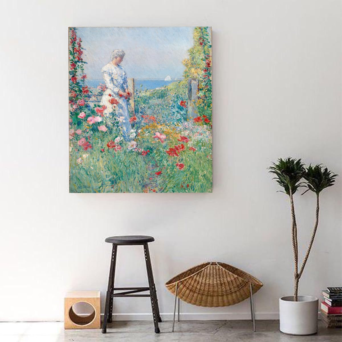 SHENGPOSTER Childe Hassam w ogrodzie płótno sztuka ścienna domek ogród ilustracja plakat obraz do jadalni sypialni dekoracja ścienna bez ramy 65 x 85 cm