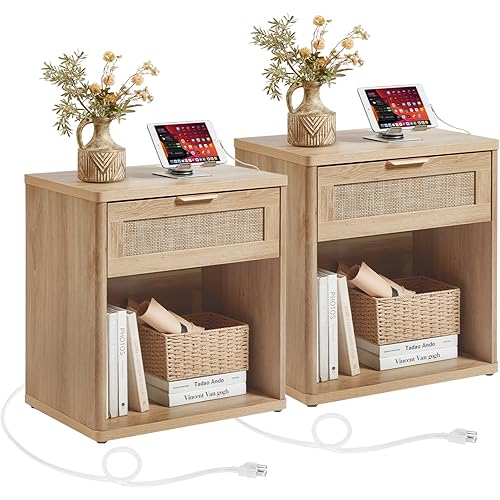 LEYAOYAO Rattan Nightstands Set of 2 with Charging Station, 23" Wide Boho Night Stand with Drawer, Natural Wood Bedside Table Open Cabinet, Bed Side End Table Dresser for Bedroom, Living Room, Hallway