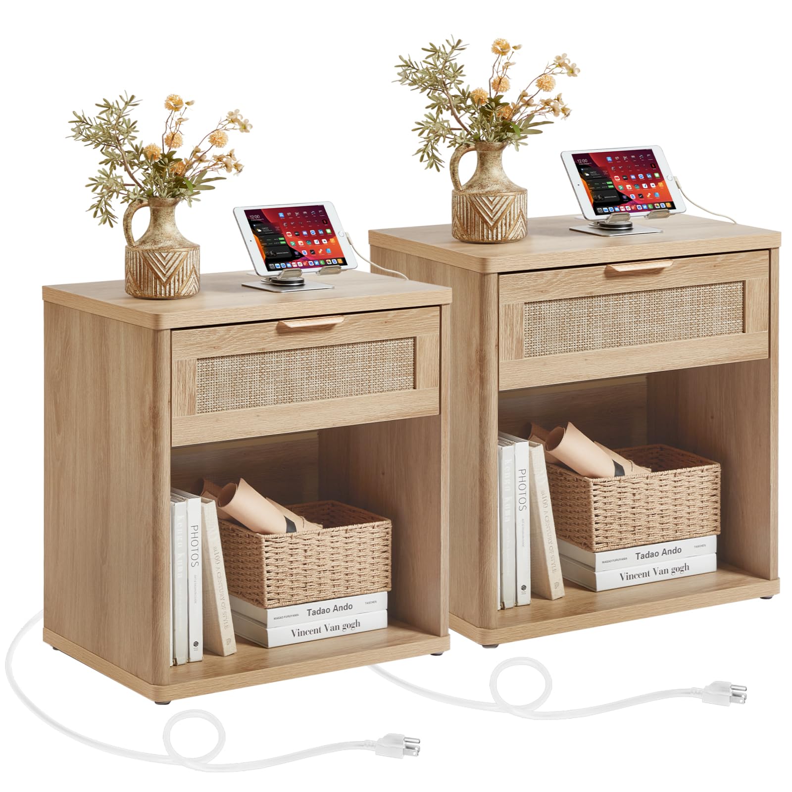 LEYAOYAO Rattan 23" Nightstands Set of 2 with Charger for Bedroom