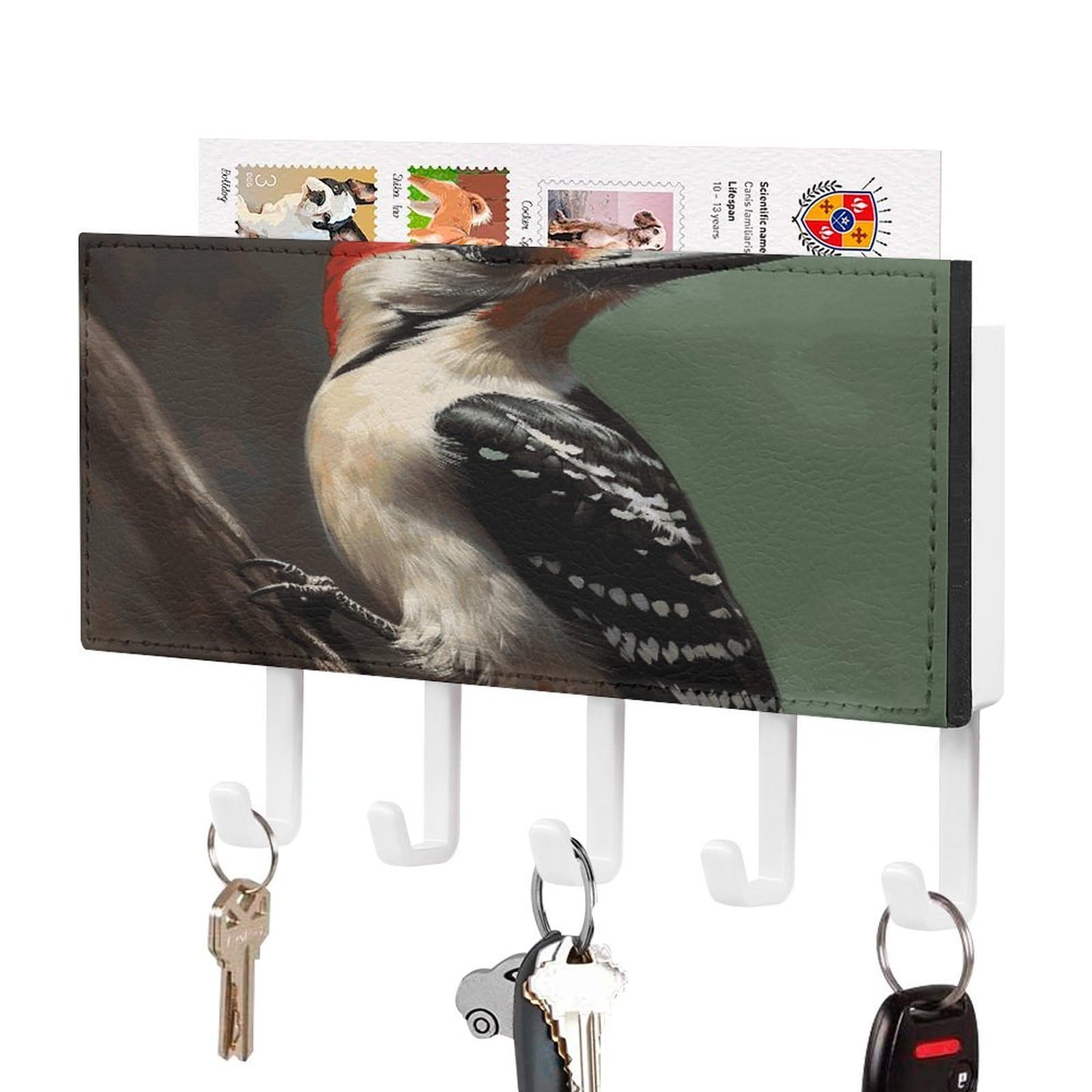 LDGSUPH Woodpecker Key Holder Wall Mount Key Hanger with 5 Hooks Fashion Key Organizer Rack Hanging Key Hooks with Mail Organizer Key Rack for Home Entryway Hallway White-Style