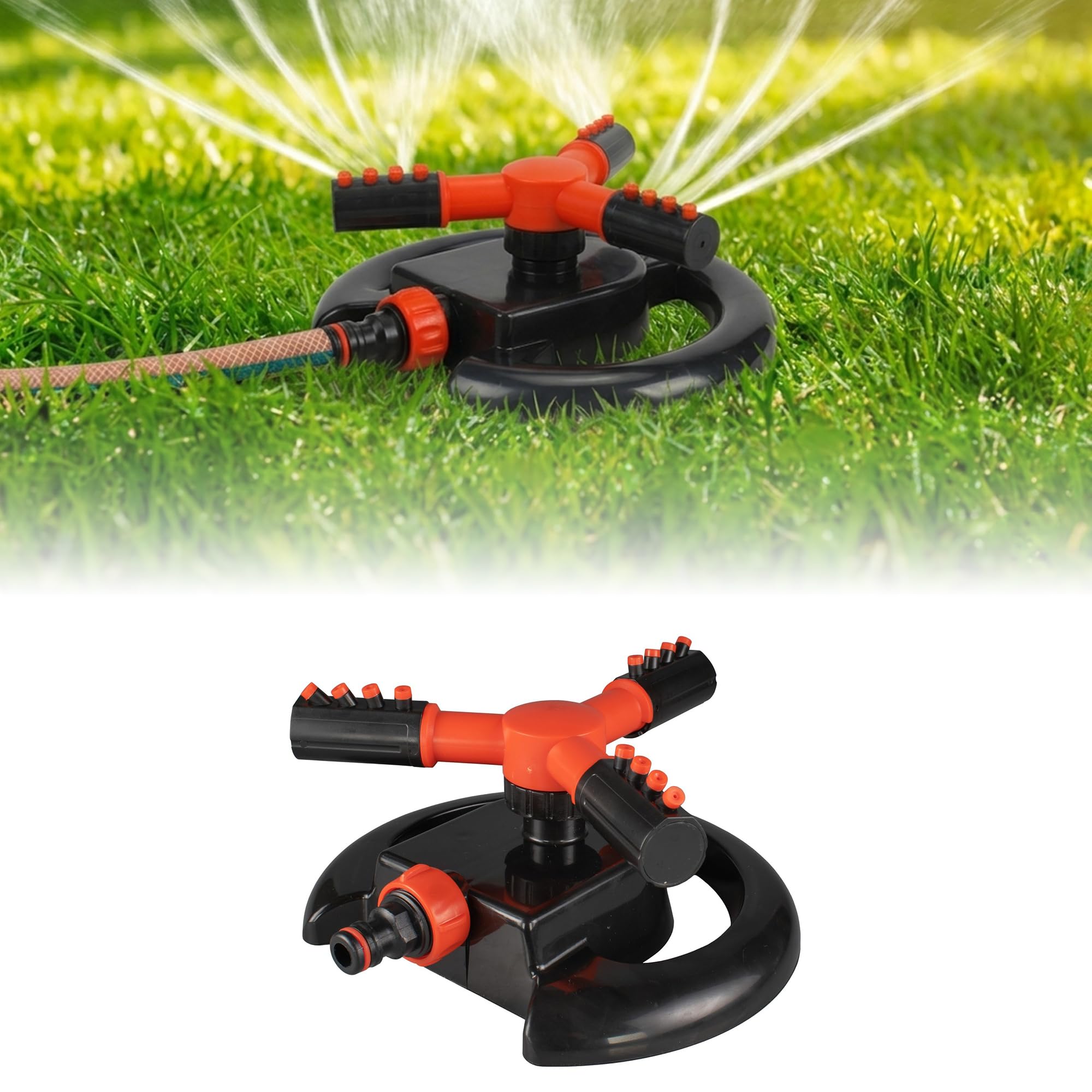 GARDENIX 3-Arm Adjustable Rotating Lawn Sprinkler, Black/Orange, Click-Lock Quick Connection, Up to 85 mยฒ Coverage