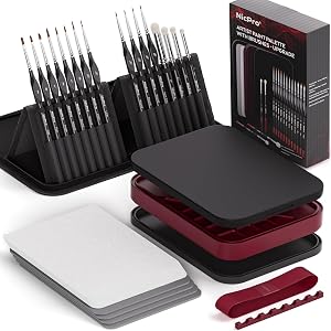 Nicpro Professional Miniature Painting Acrylic Kit, Stay Wet Palette & 16PCS Detail Paint Brushes Drybrush with Nylon Bag, Pallet Paper, 4PCS Sponge, Mixing Paint Saver Palette for by Number Models