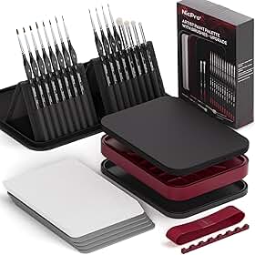 Nicpro Kit profissional de pintura em miniatura, paleta Stay Wet e 16 pincéis de pintura com detalhes em bolsa de nylon, 100 peças de papel palete, 4 peças de esponja, paleta de mistura para modelo em