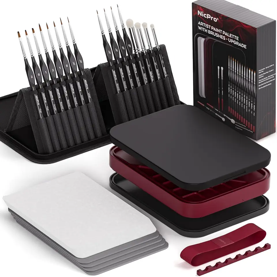 Nicpro Kit profissional de pintura em miniatura, paleta Stay Wet e 16 pincéis de pintura com detalhes em bolsa de nylon, 100 peças de papel palete, 4 peças de esponja, paleta de mistura para modelo em