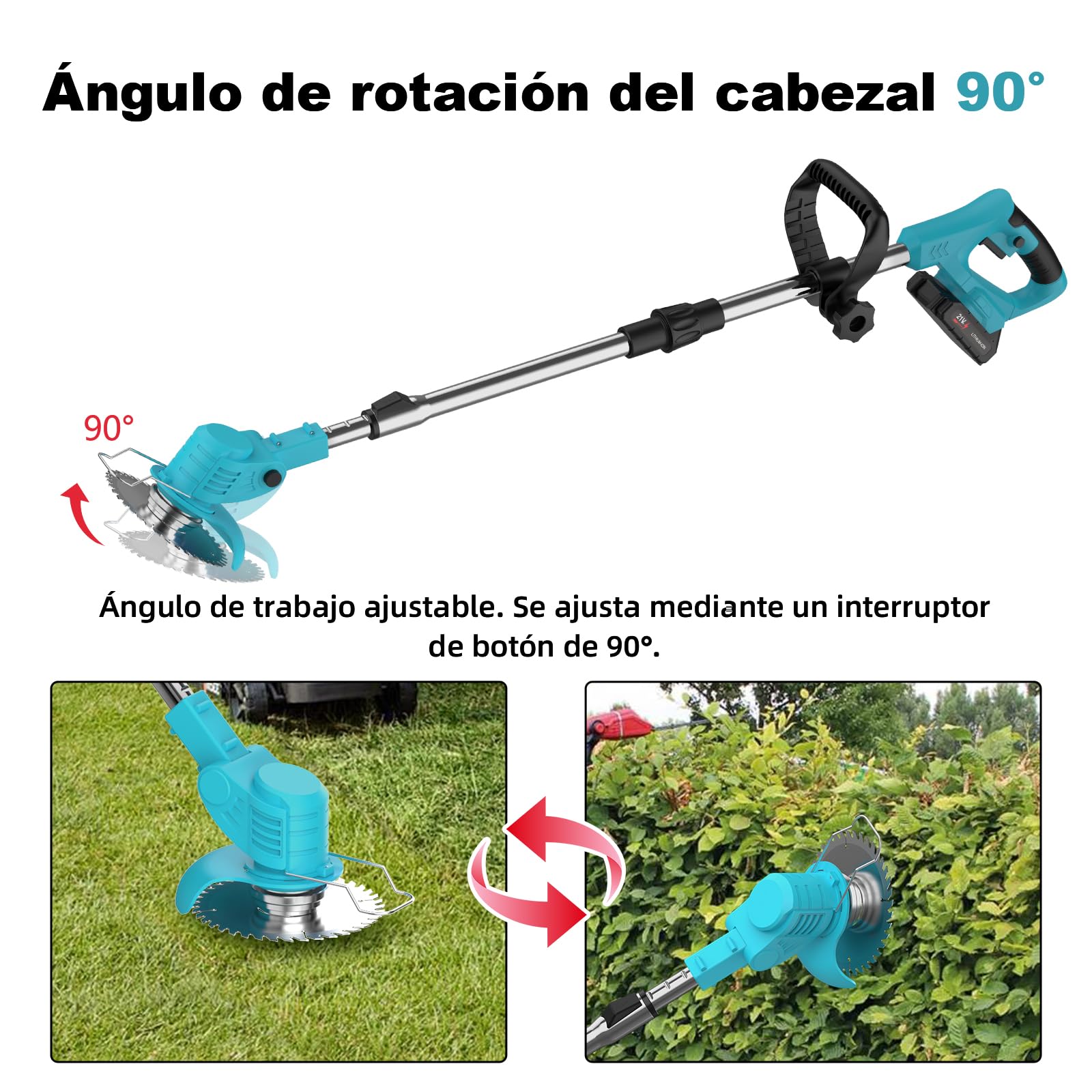 Desbrozadora Batería 21V, Desbrozadora Eléctrica, Equipado con 2 Baterías de 2.0Ah, 4 Cuchillas de Alta Eficiencia y Mango Ajustable, para Uso en Hogar, Patio y Jardín