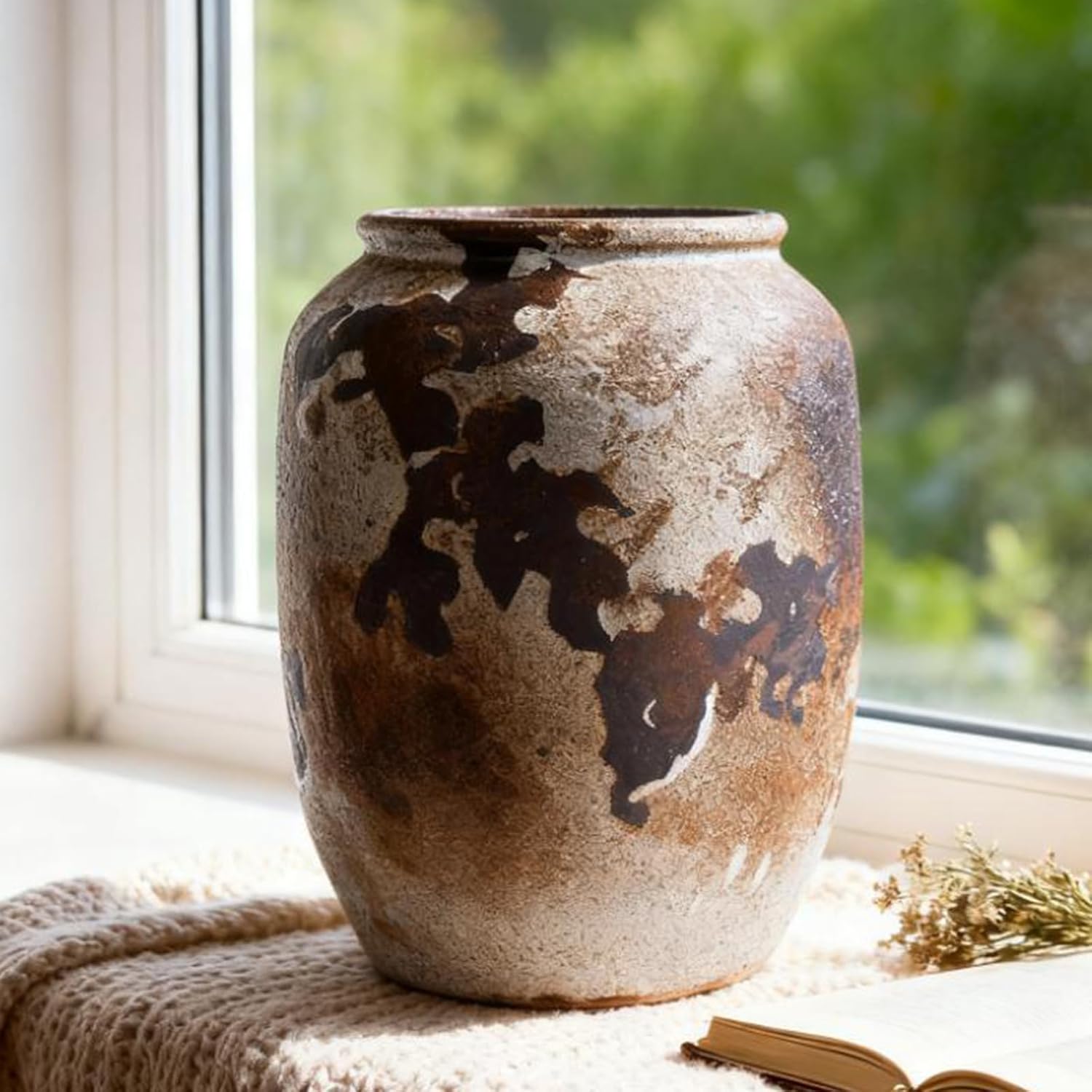 Rustic Farmhouse Vase Ceramic Flower Vase Pottery for Home Decor, Round Rustic Vase Farmhouse Terracotta Concrete Vases for Home Decor