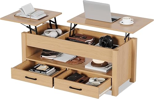 Garvee Mesa de centro elevable con almacenamiento, mesa auxiliar de madera para sala de estar, 2 cajones, compartimento oculto y estante abierto,