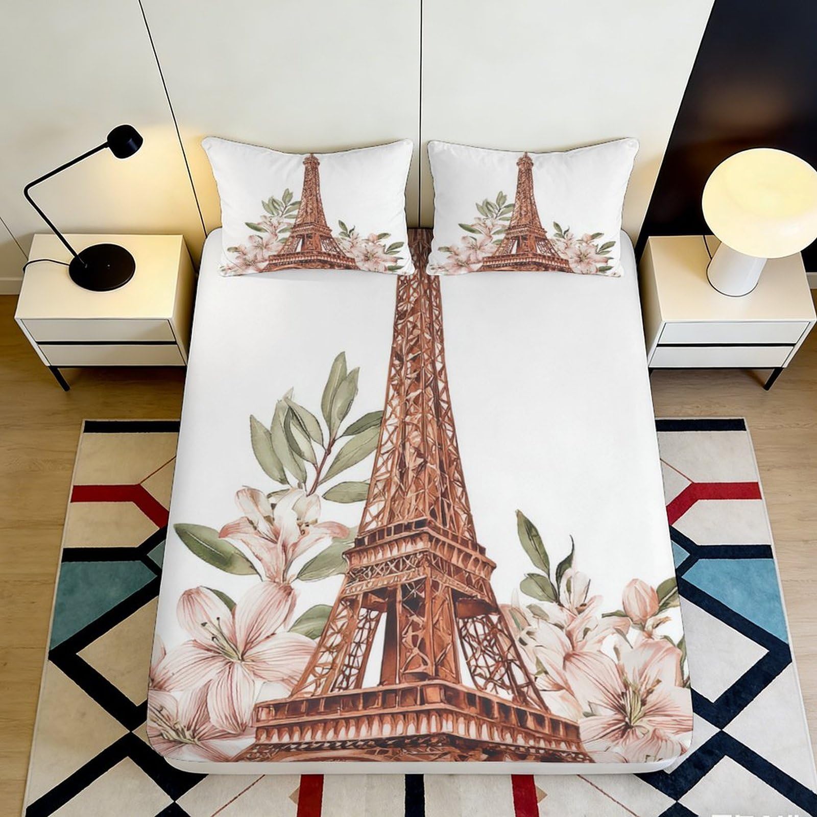 Tjiqhvmrn Style-2 3D Printed Eiffel Tower Floral Fitted Sheet Microfiber Deep Pocket Non-Slip Bedroom Bedding Paris Mattress Fitted Cover For Home 90X200x25cm